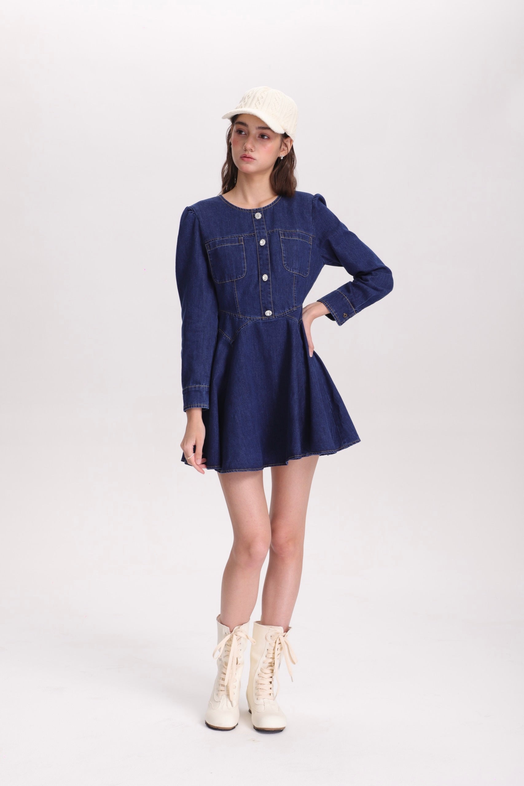 フィットアンドフレアデニムミニワンピース(長袖ver)C3363