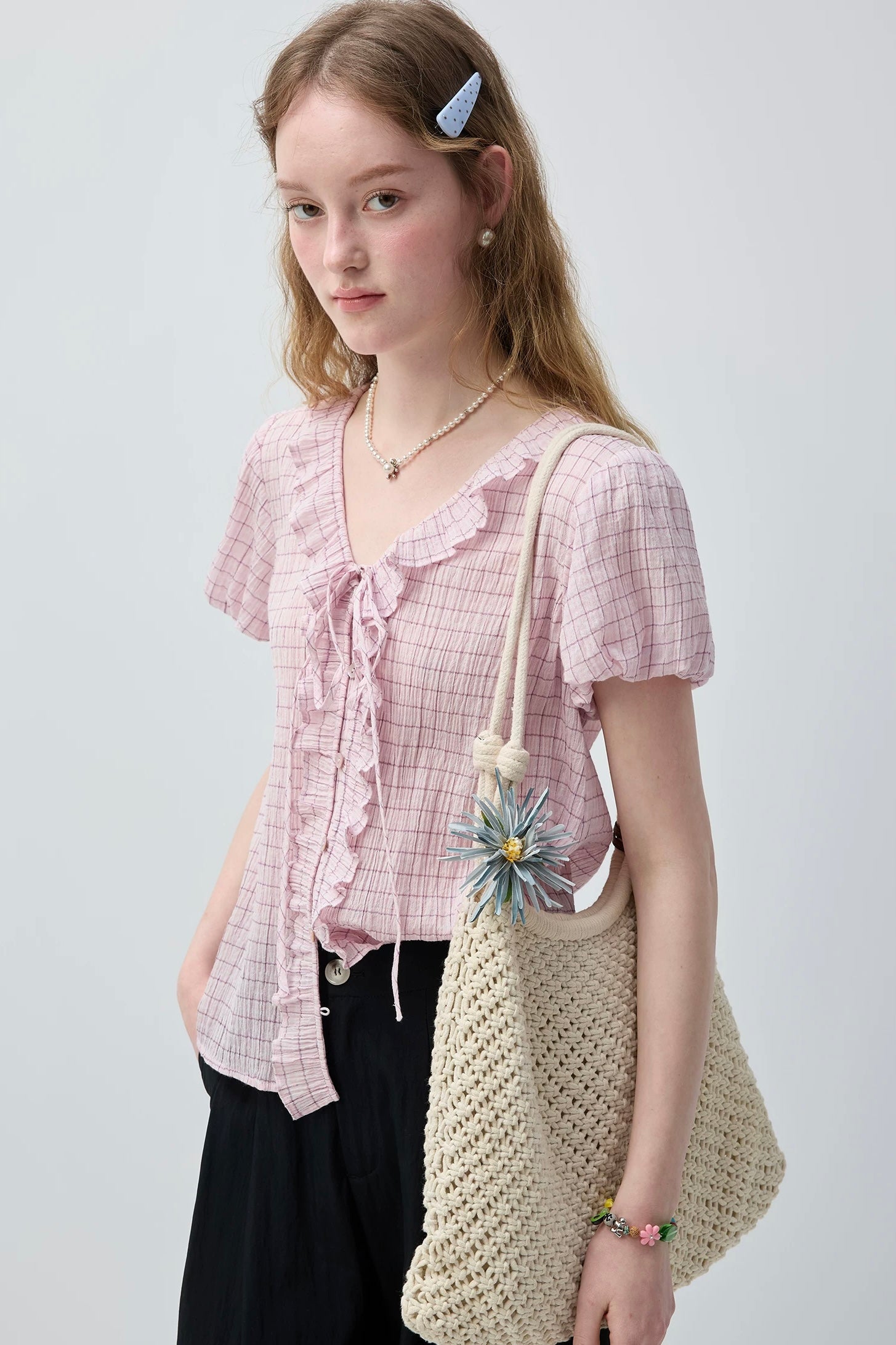 ピンクチェックフリルリボンブラウスC3769