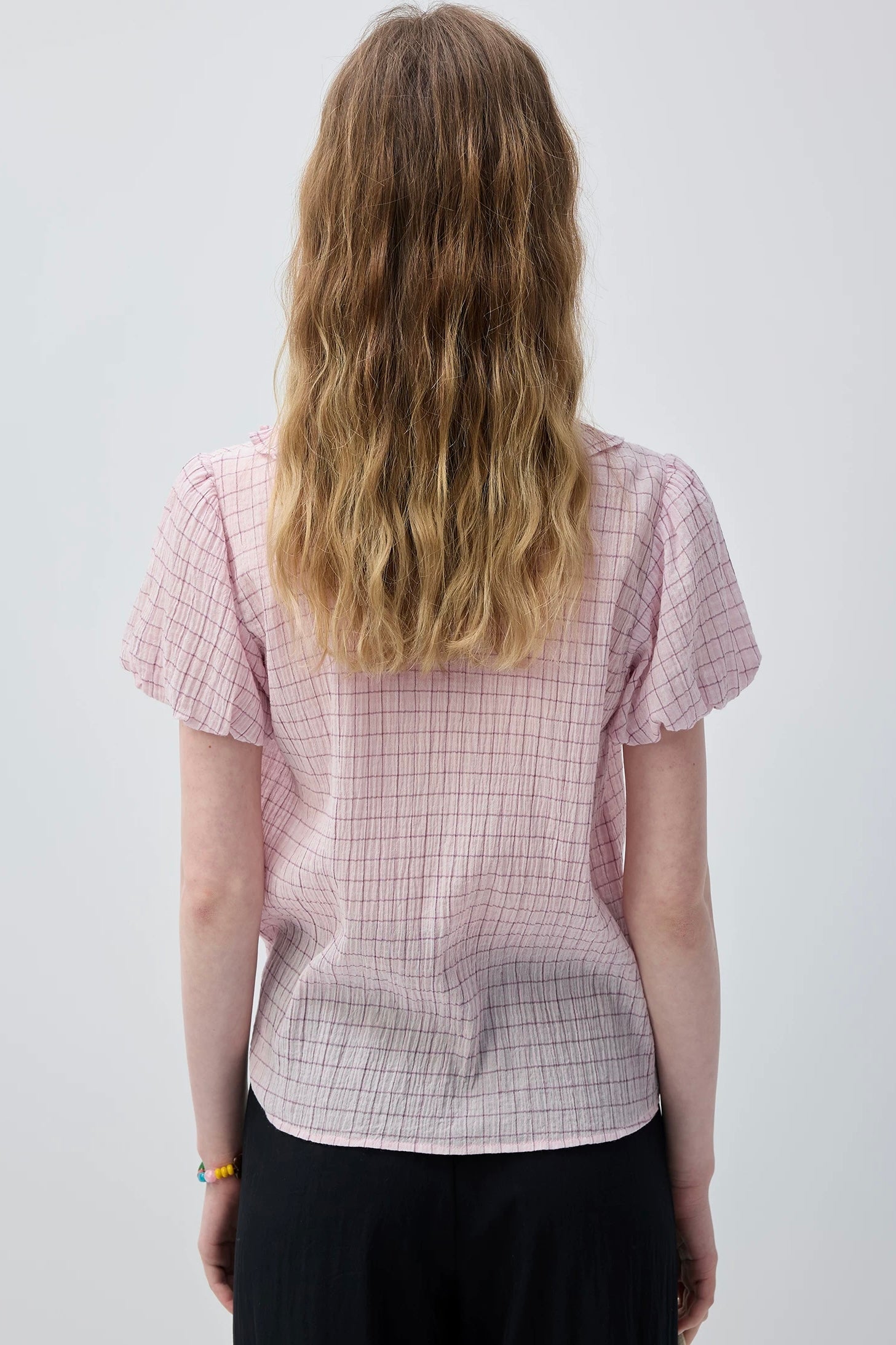ピンクチェックフリルリボンブラウスC3769