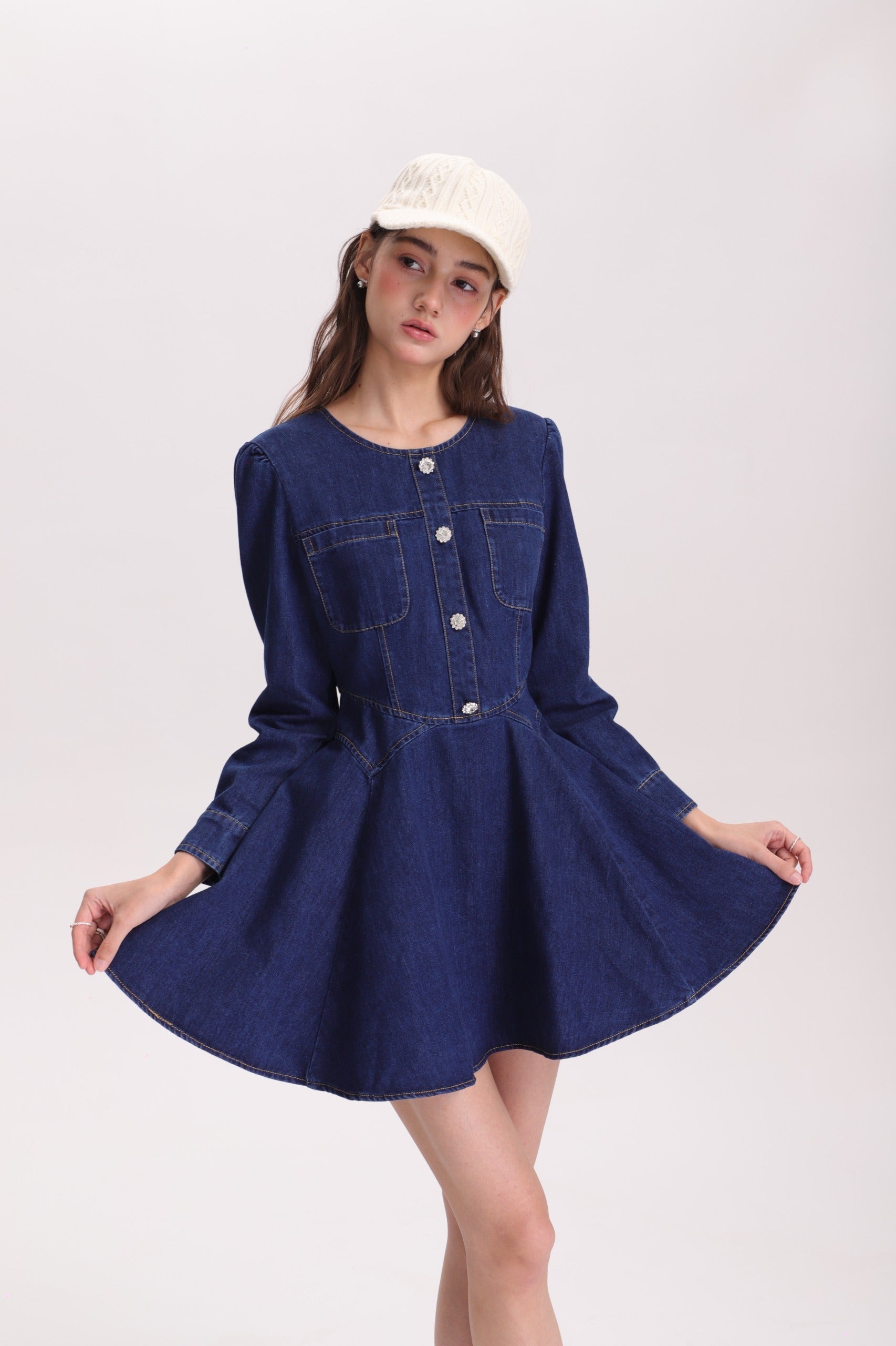 フィットアンドフレアデニムミニワンピース(長袖ver)C3363