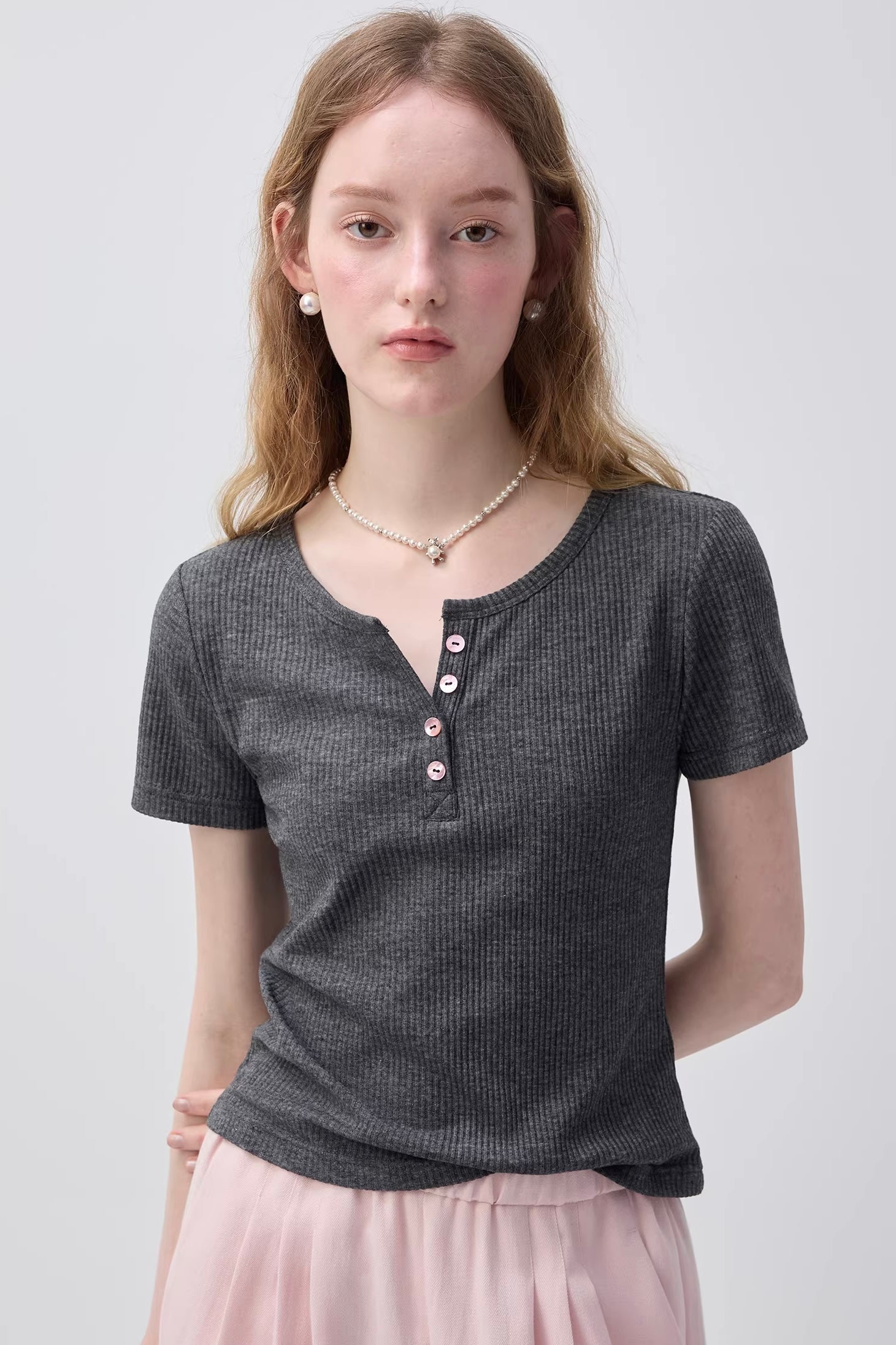 ヘンリーネックフィットニットTシャツC3753