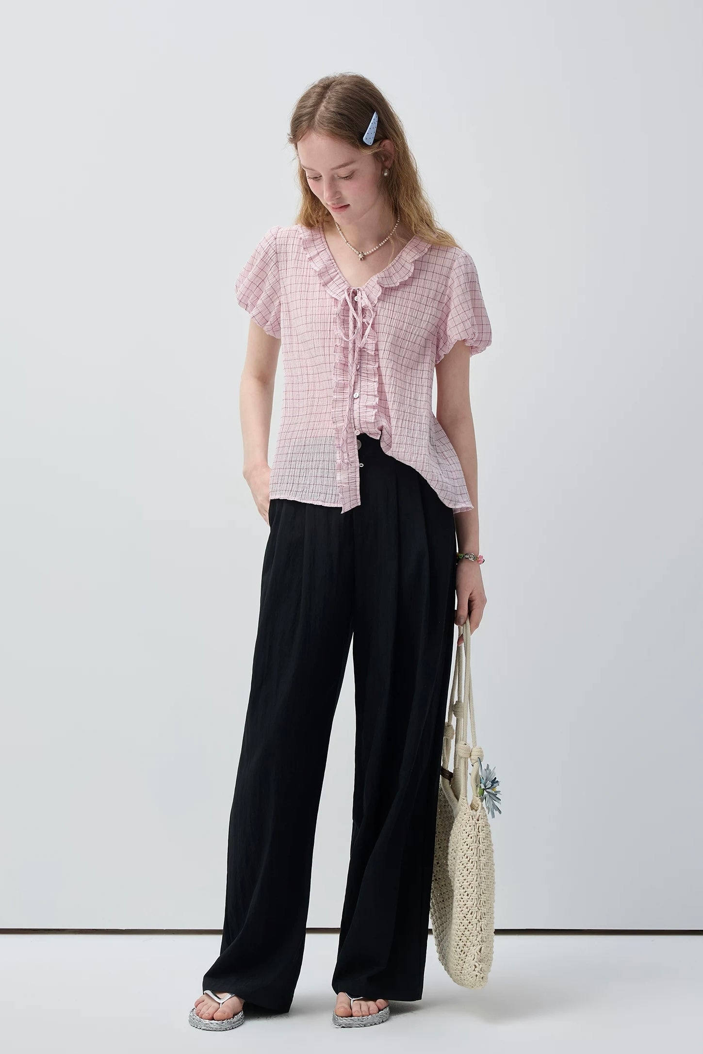 ピンクチェックフリルリボンブラウスC3769