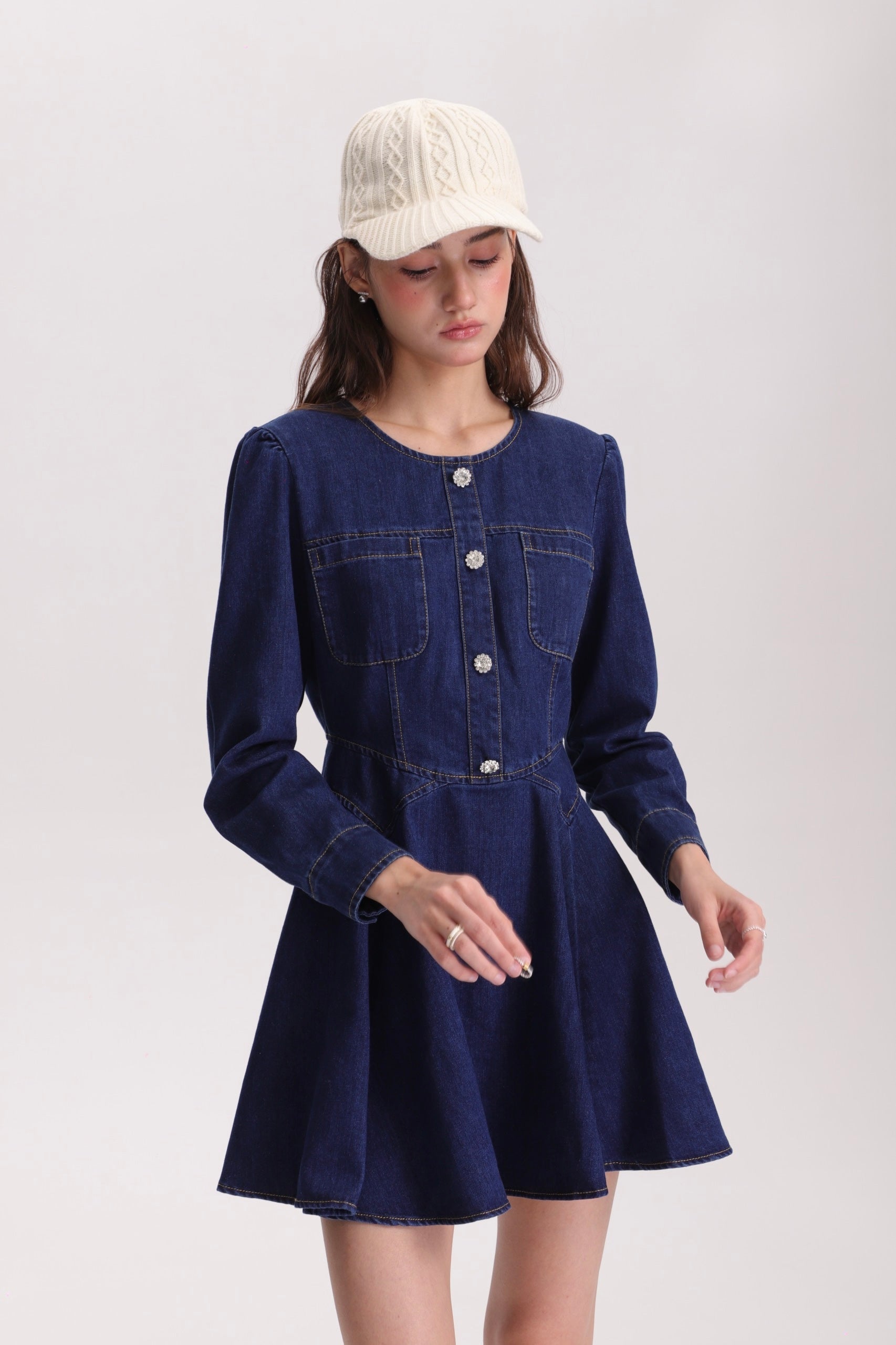 フィットアンドフレアデニムミニワンピース(長袖ver)C3363