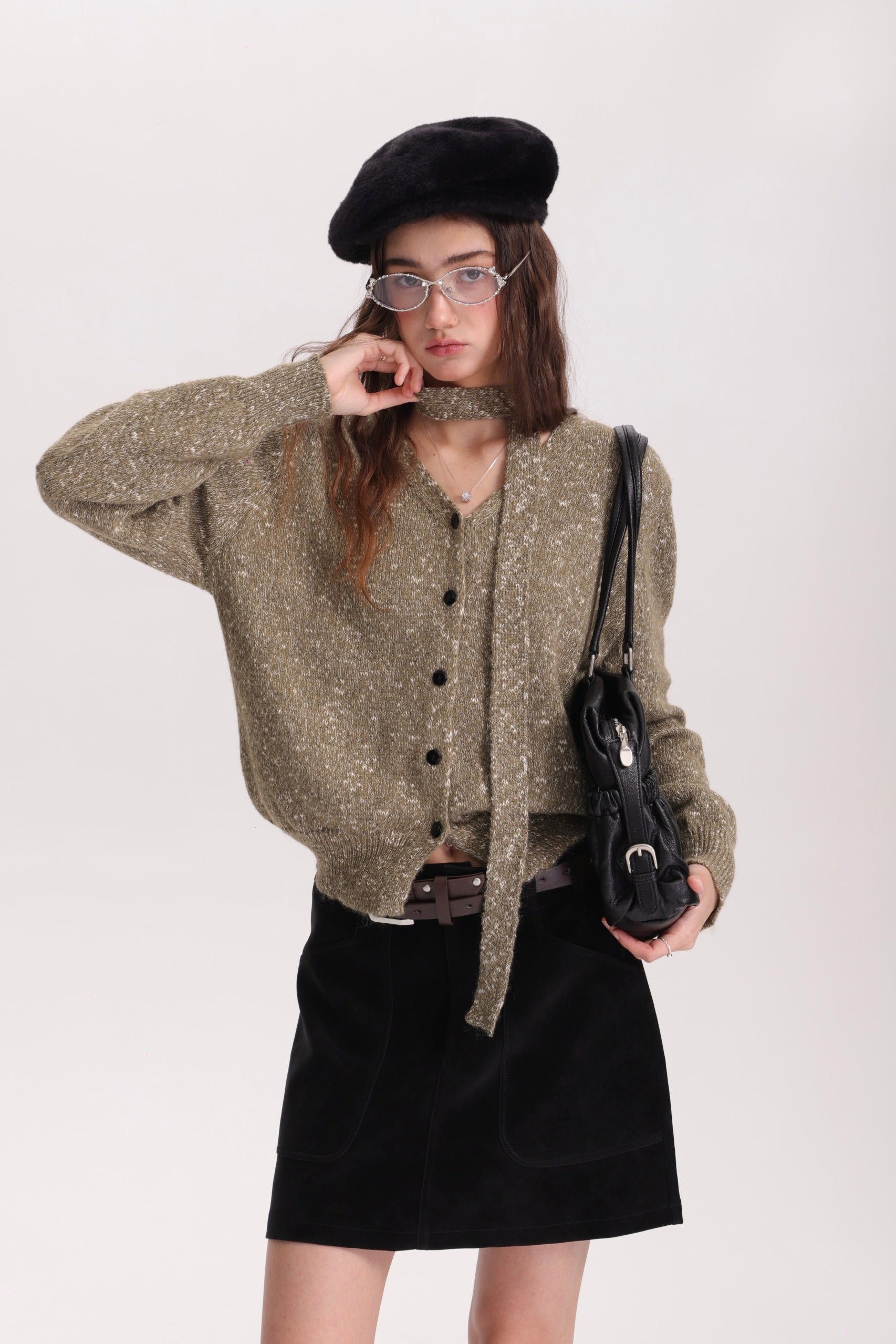 メランジVカーデ × グレーミニスカートセットT3002