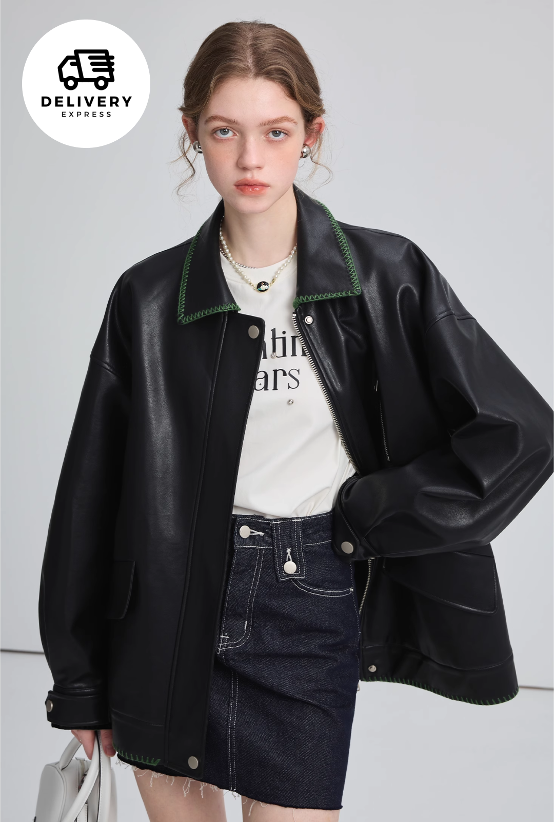 CHIC and THINGSグリーンステッチドロップショルダーレザージャケット 即納】グリーンステッチドロップショルダーレザージャケット C0511