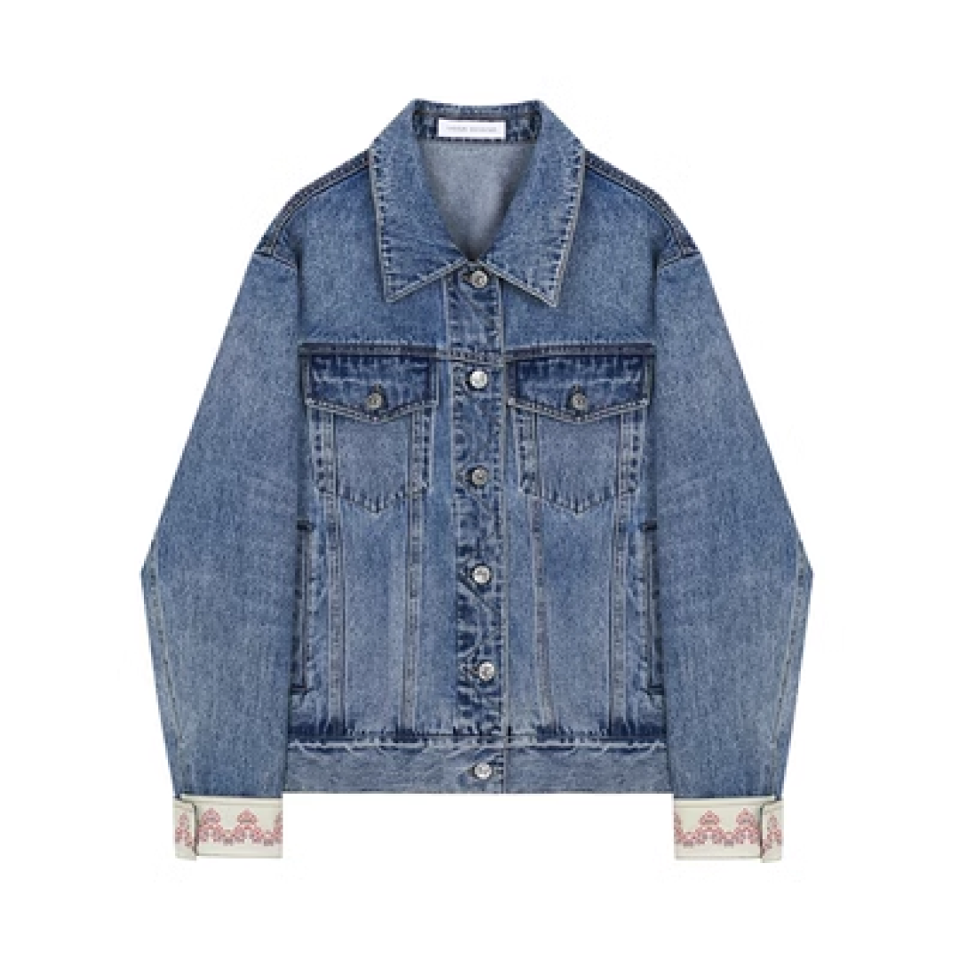 Switching embroidered cuff denim jacket C1090