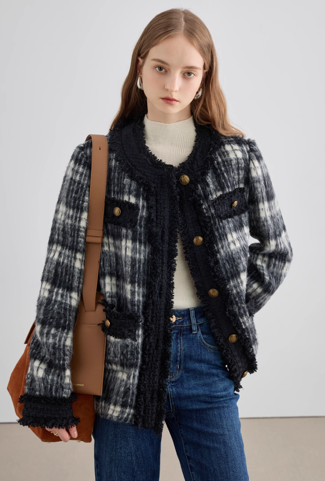 Monotone check collar short coat C1327