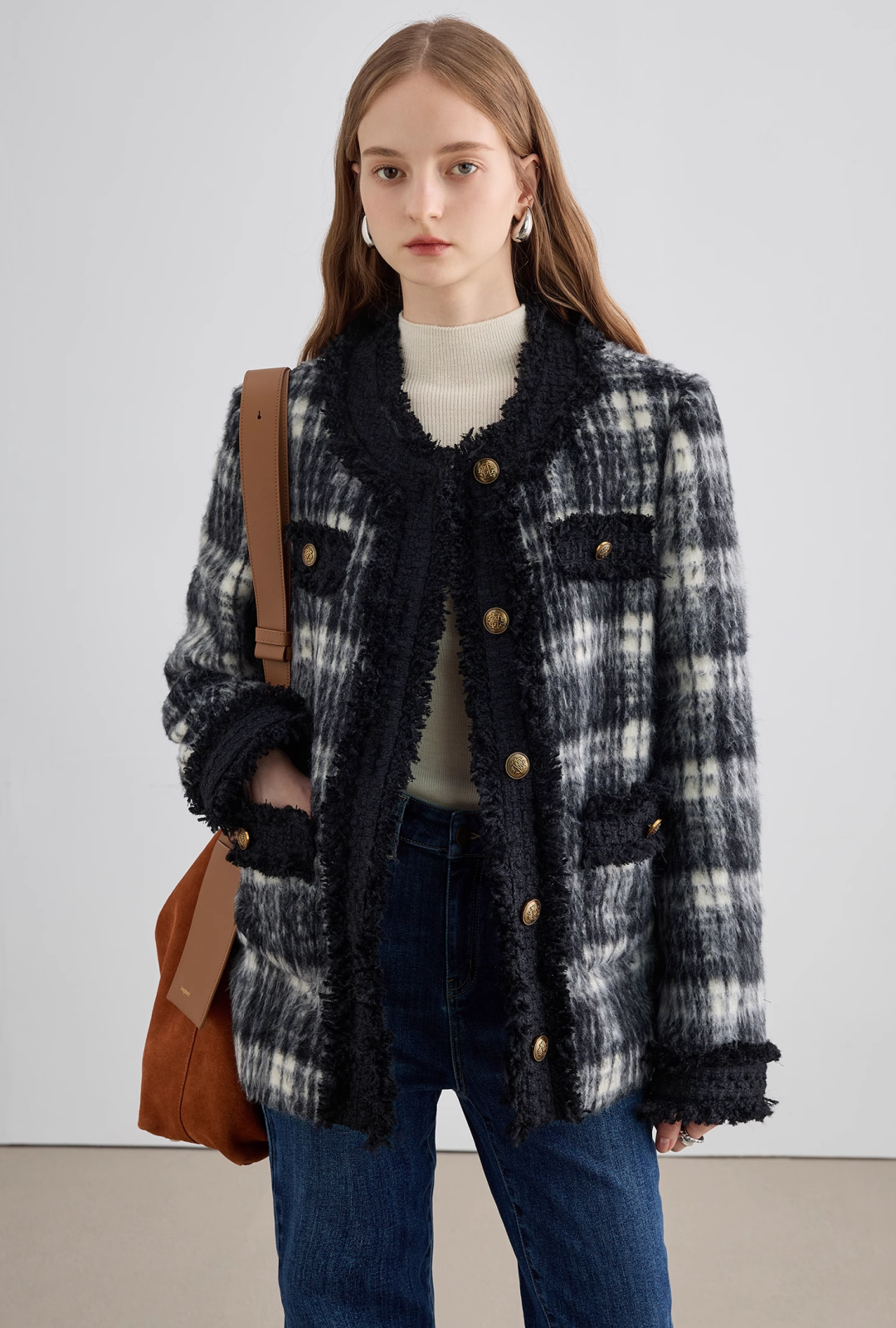 Monotone check collar short coat C1327