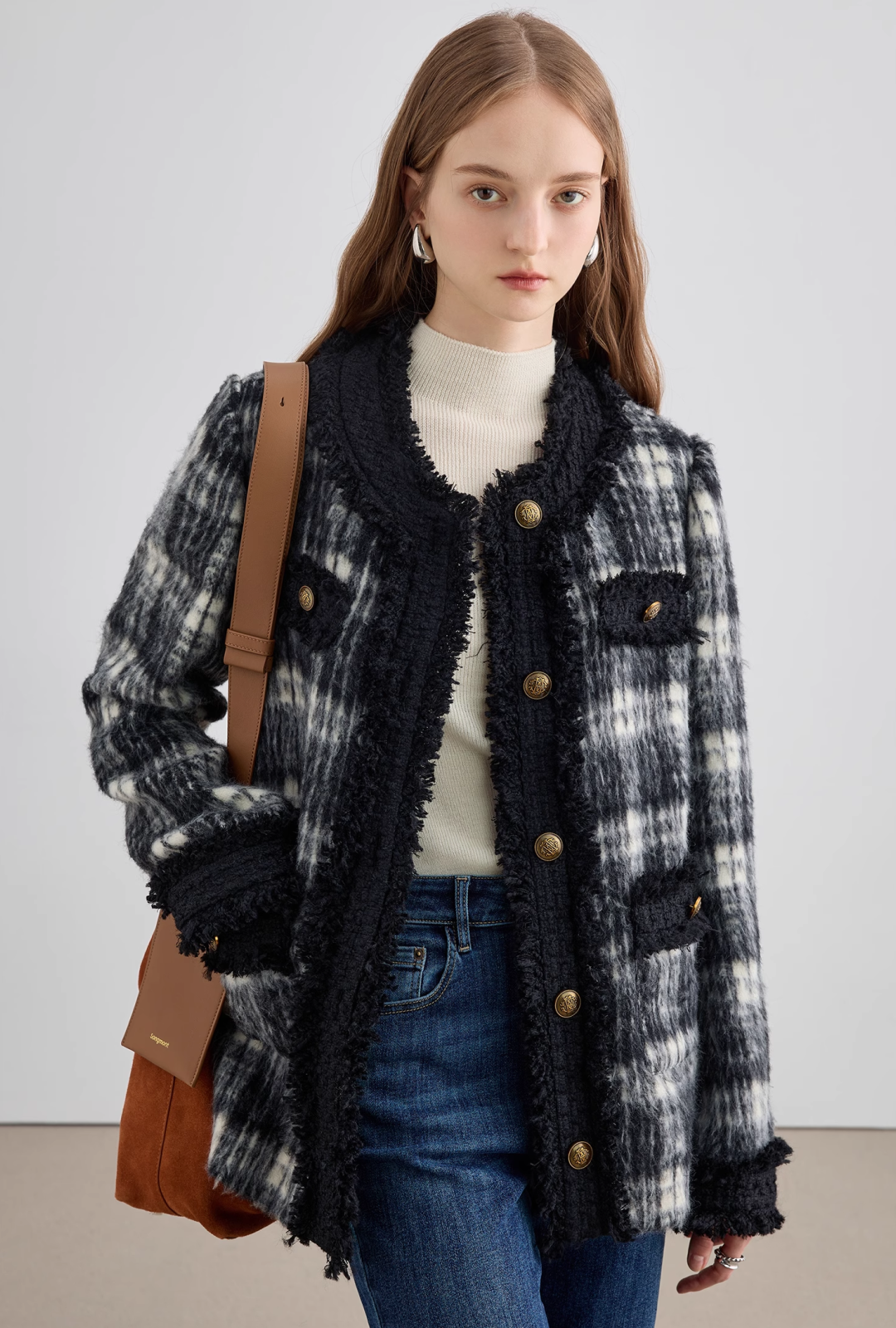 Monotone check collar short coat C1327