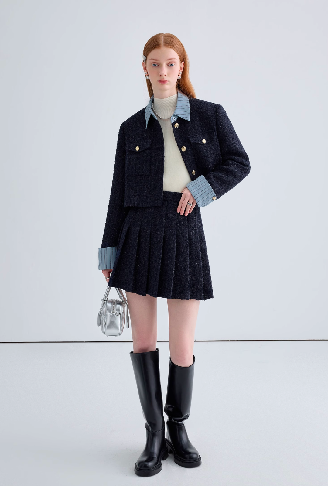 即納】ネイビーバイカラーツイードジャケット(セットアップ可能 即納】ネイビーバイカラーツイードジャケット(セットアップ可能