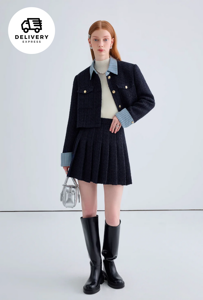 即納】ネイビープリーツツイードミニスカート(セットアップ可能 即納】ネイビープリーツツイードミニスカート(セットアップ可能