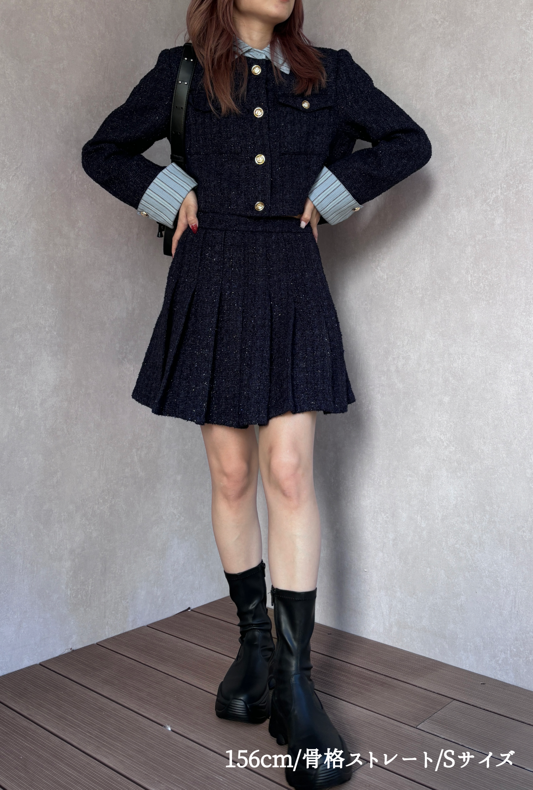 Navy pleated tweed mini skirt (can be paired) C1458