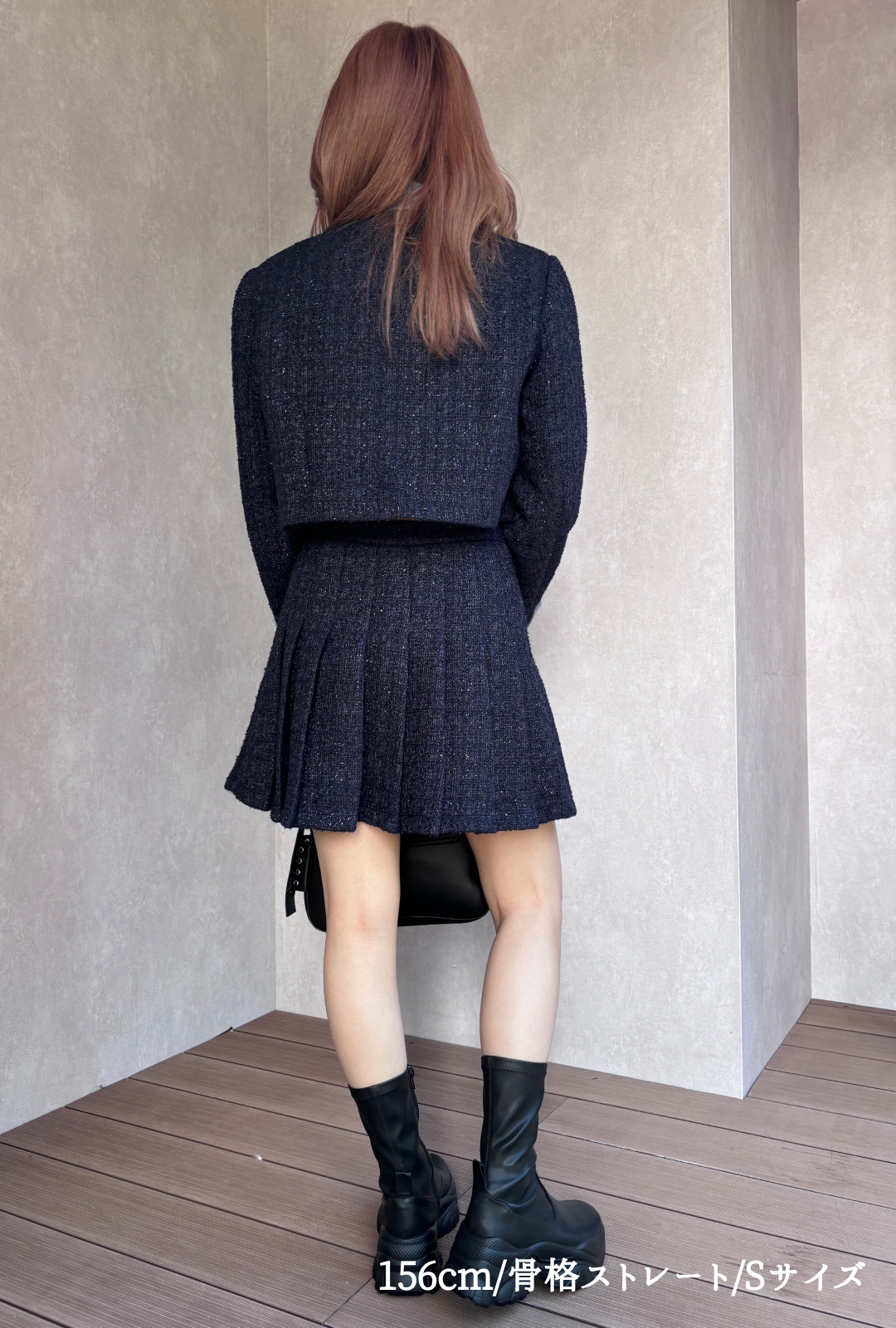 Navy pleated tweed mini skirt (can be paired) C1458