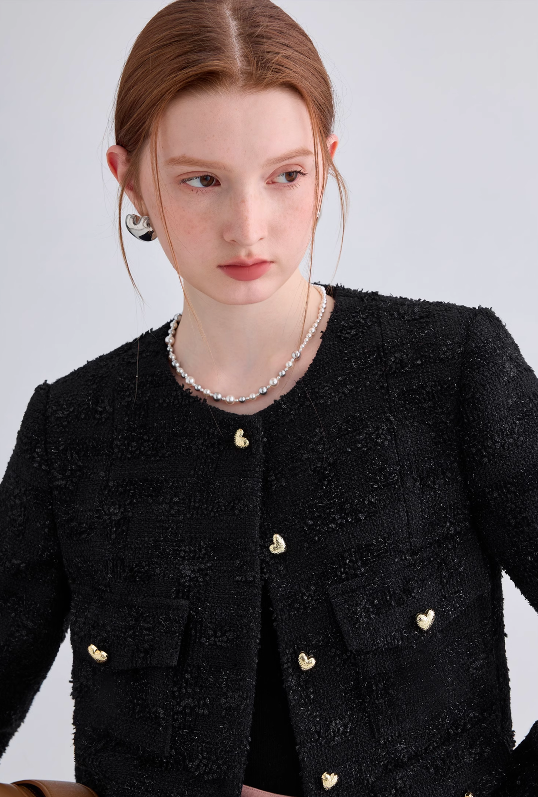 Heart button black tweed jacket C1472