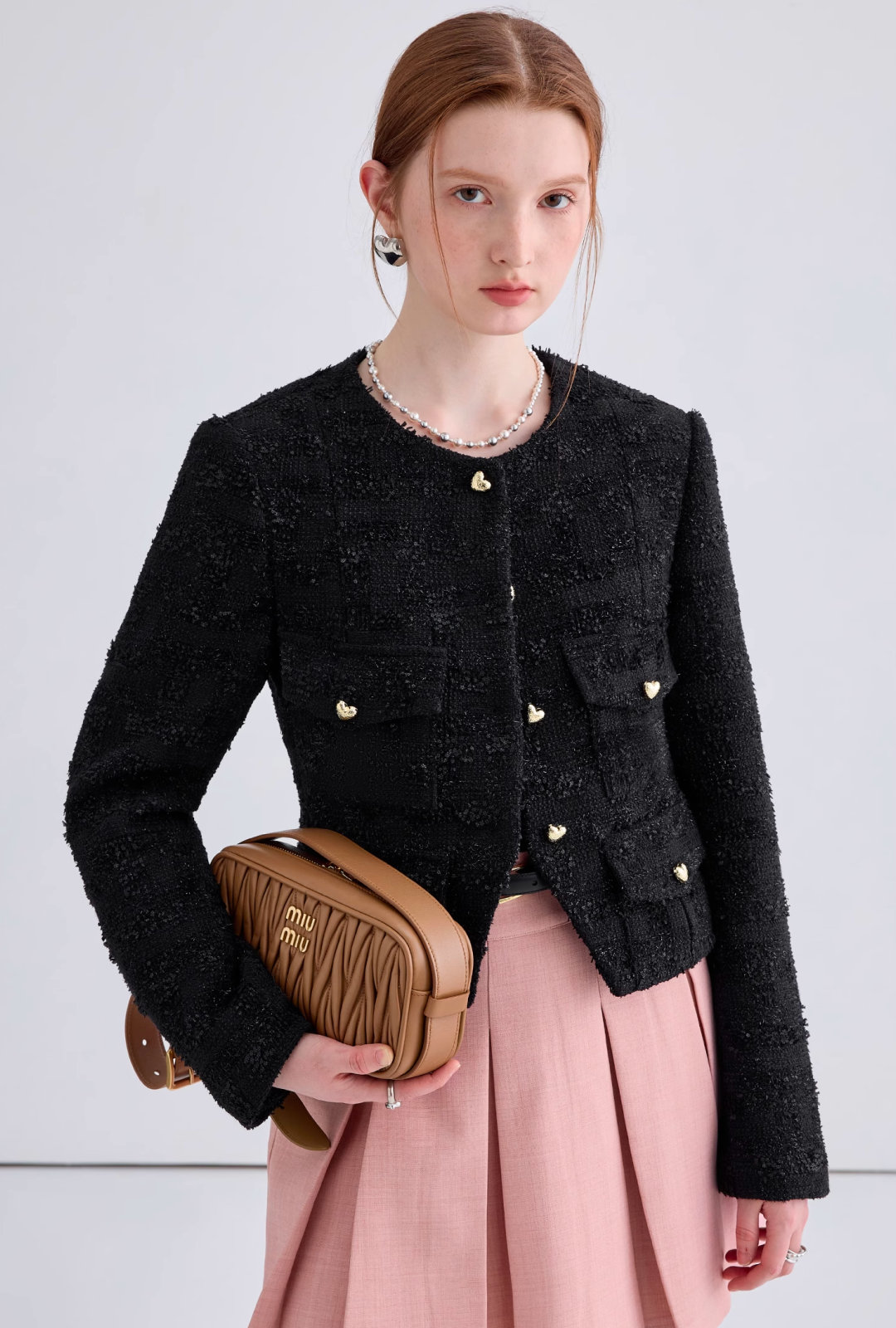 Heart button black tweed jacket C1472