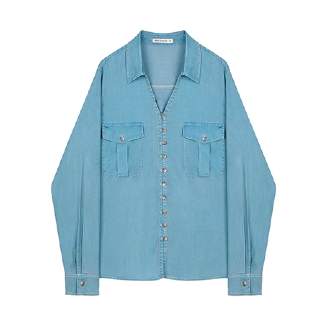 Open collar denim shirt C1494