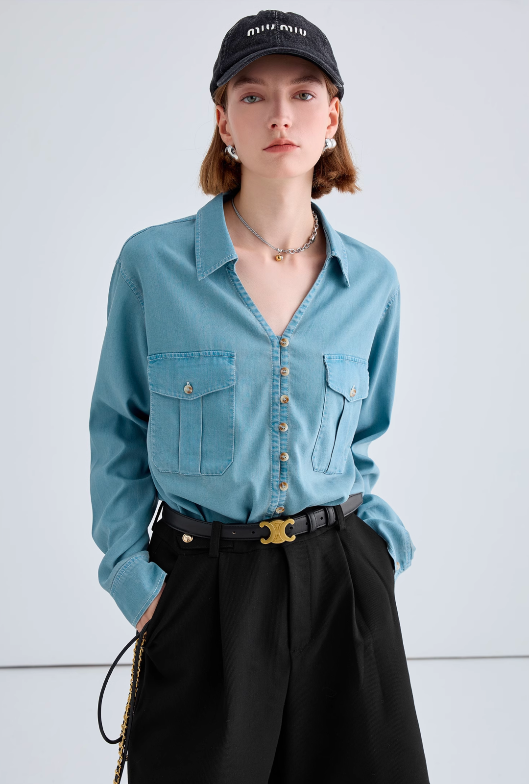 Open collar denim shirt C1494