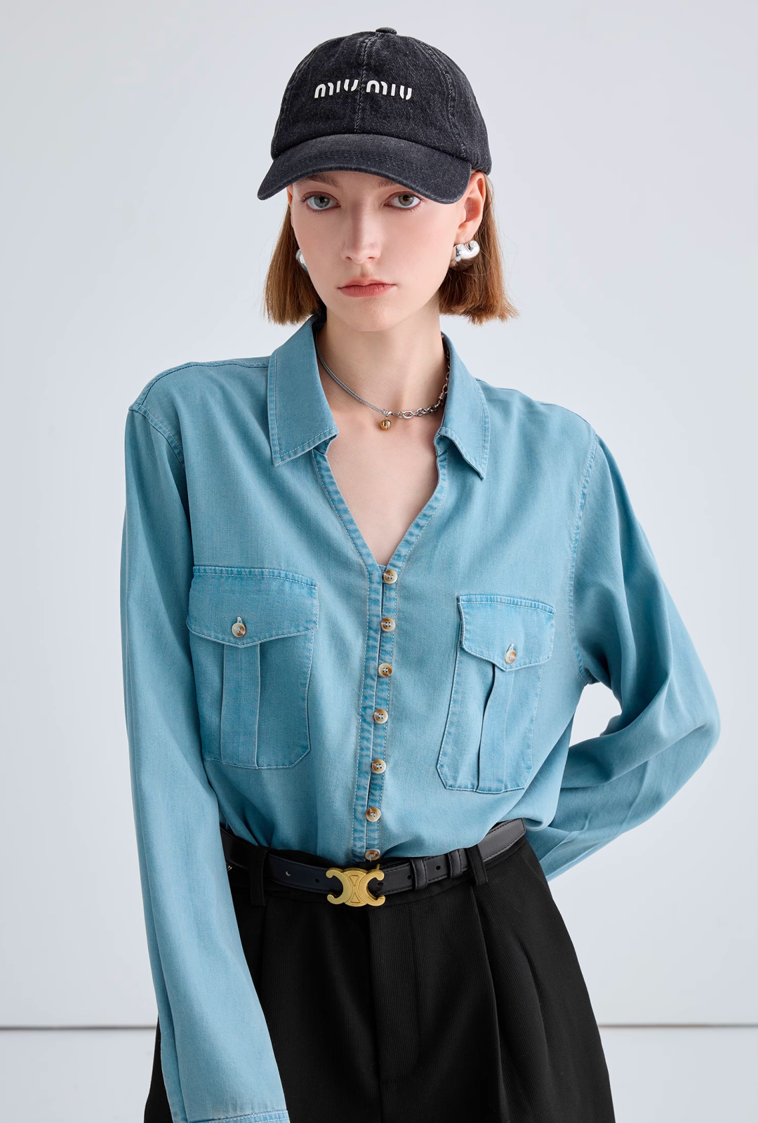 Open collar denim shirt C1494