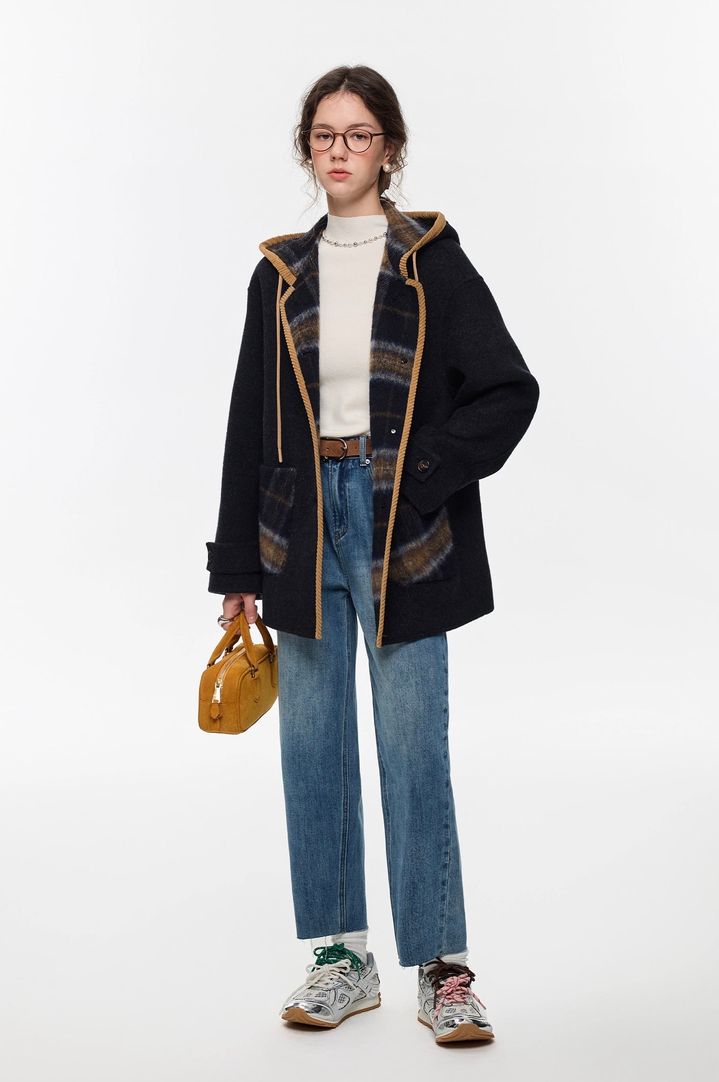 美品 フォクシーニューヨーク リバーシブル ロング ジレコート ダブルフェイス リバーシブル】無地×ハウンドトゥースダブルフェイス ロングジレ