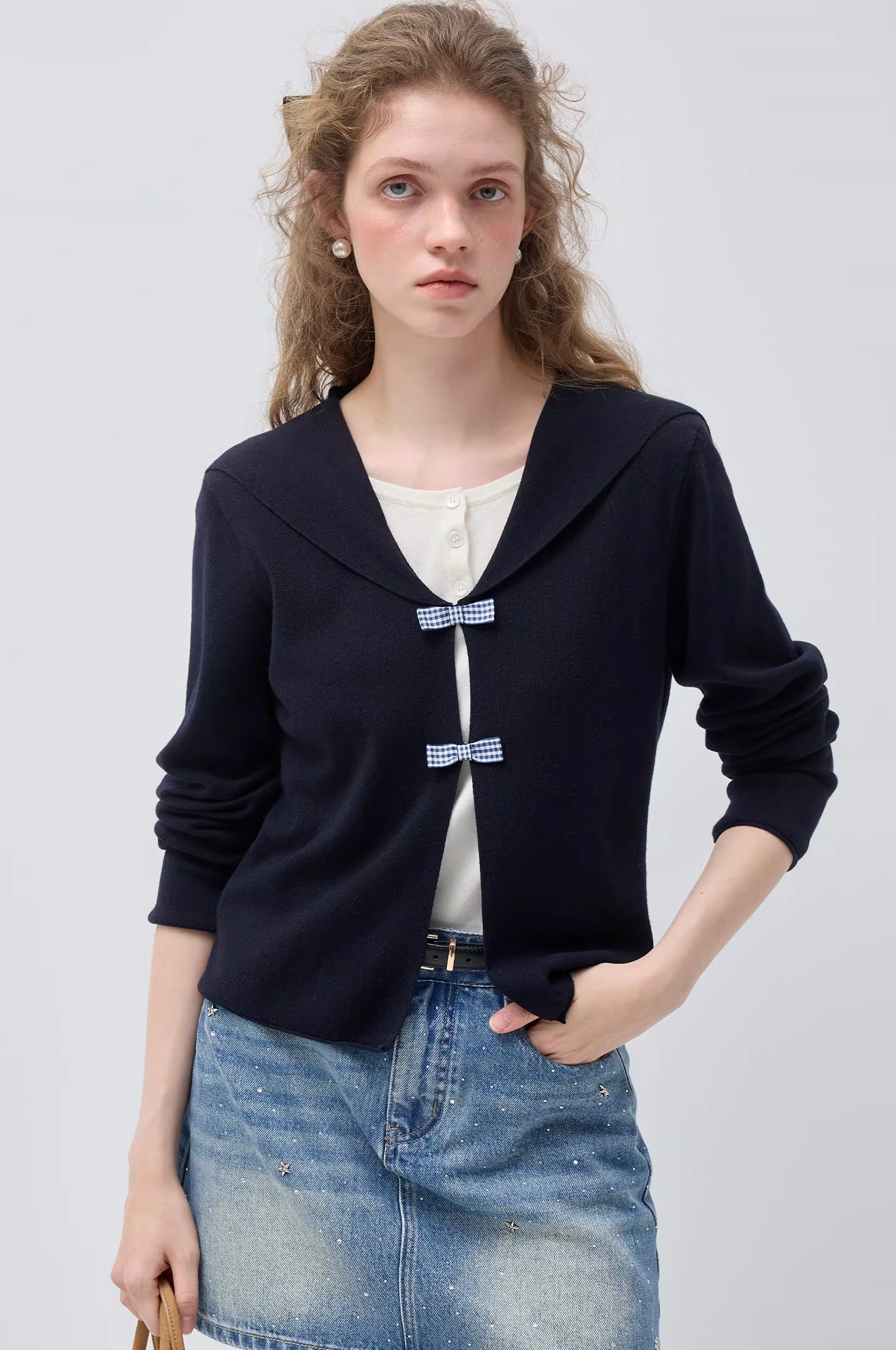 マリンカラーチェックリボンウールニットトップス
C3414