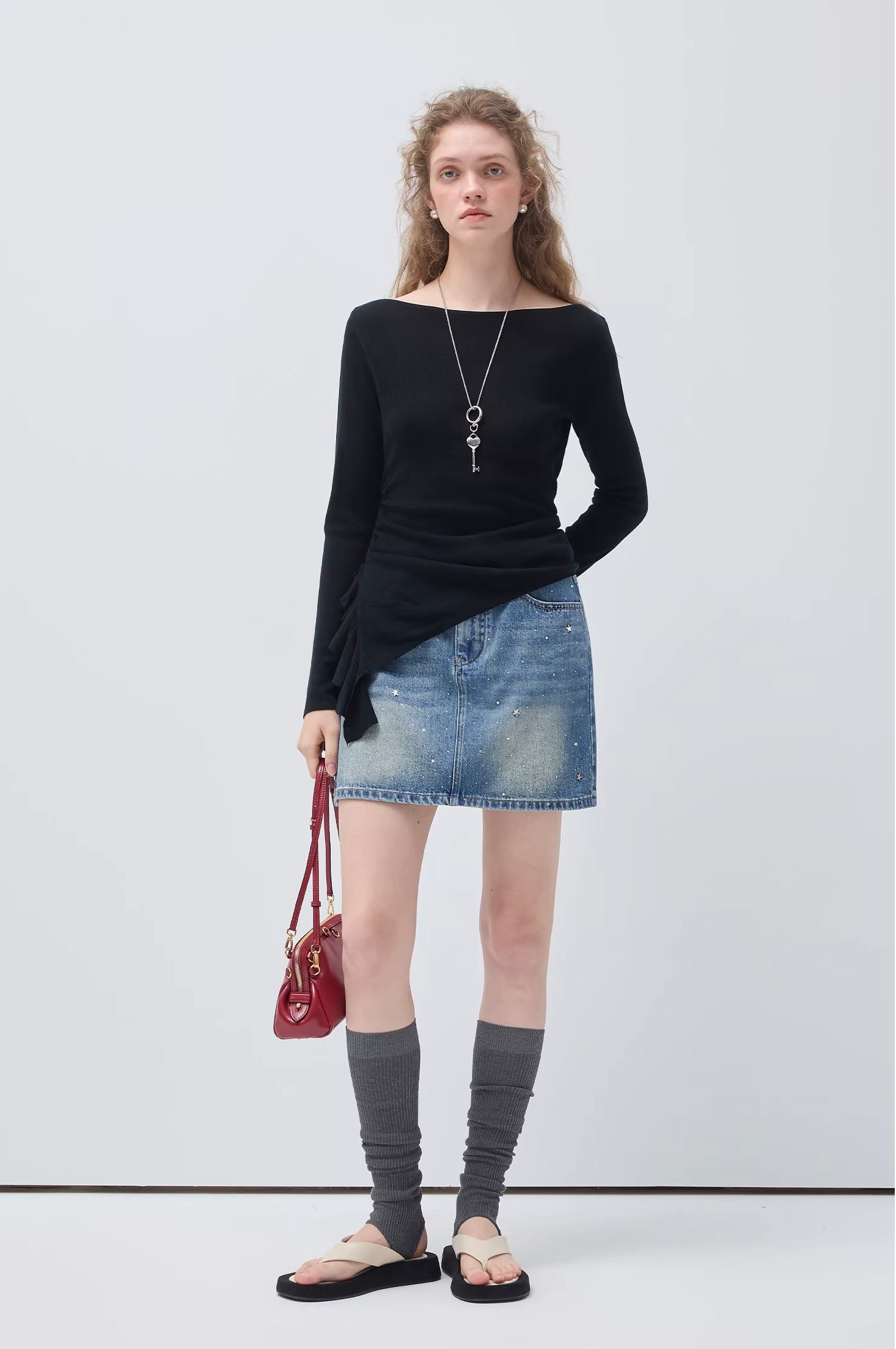 ラインストーン ディテールデニムミニスカート
C3455