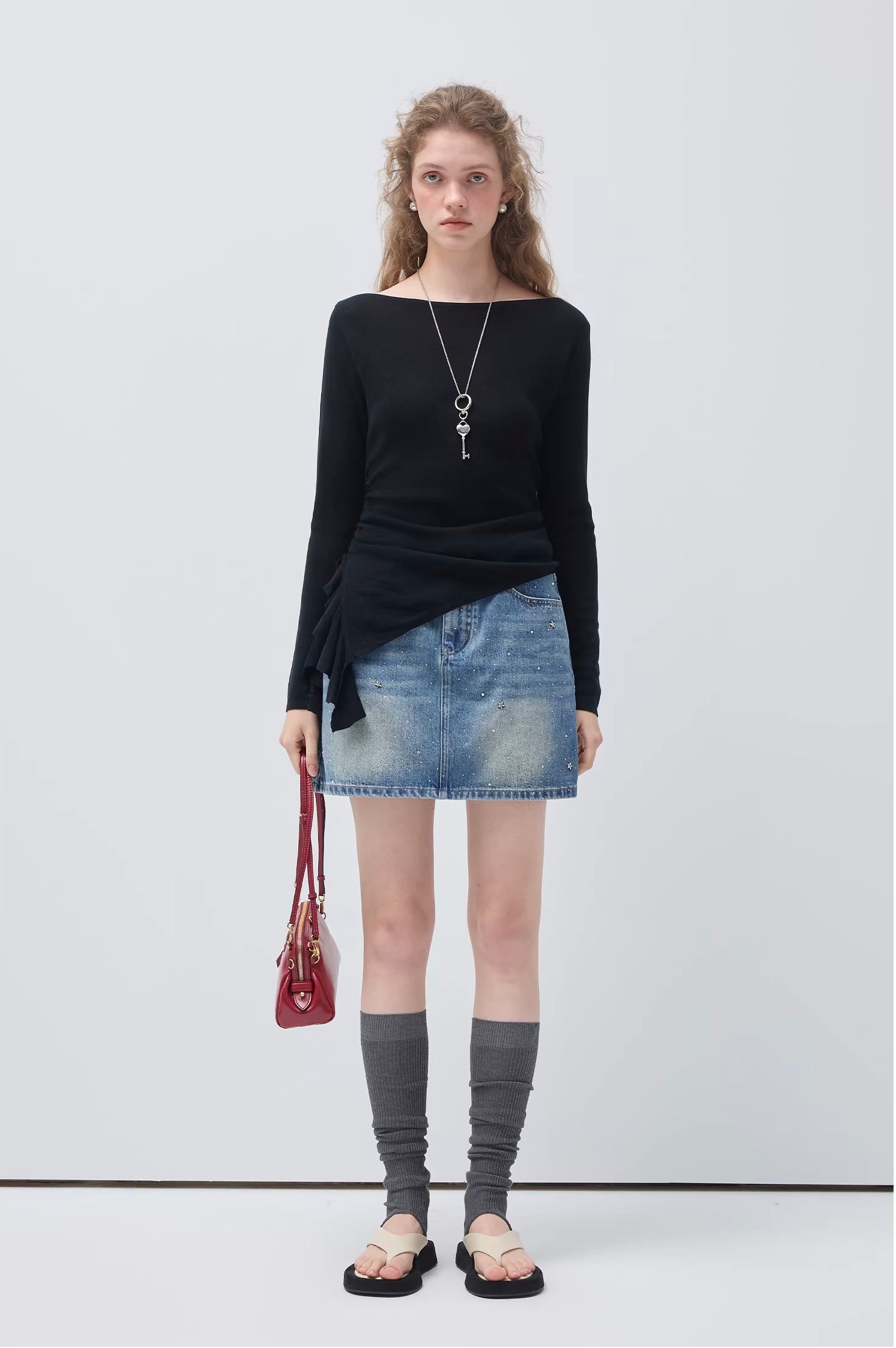 ラインストーン ディテールデニムミニスカート
C3455