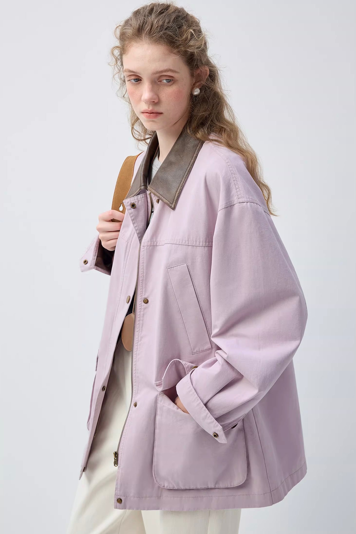 ラベンダーパープルレザーコンビジャケットC3468