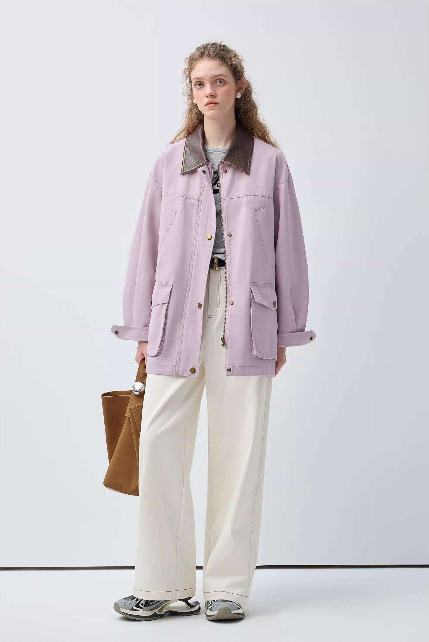 ラベンダーパープルレザーコンビジャケットC3468