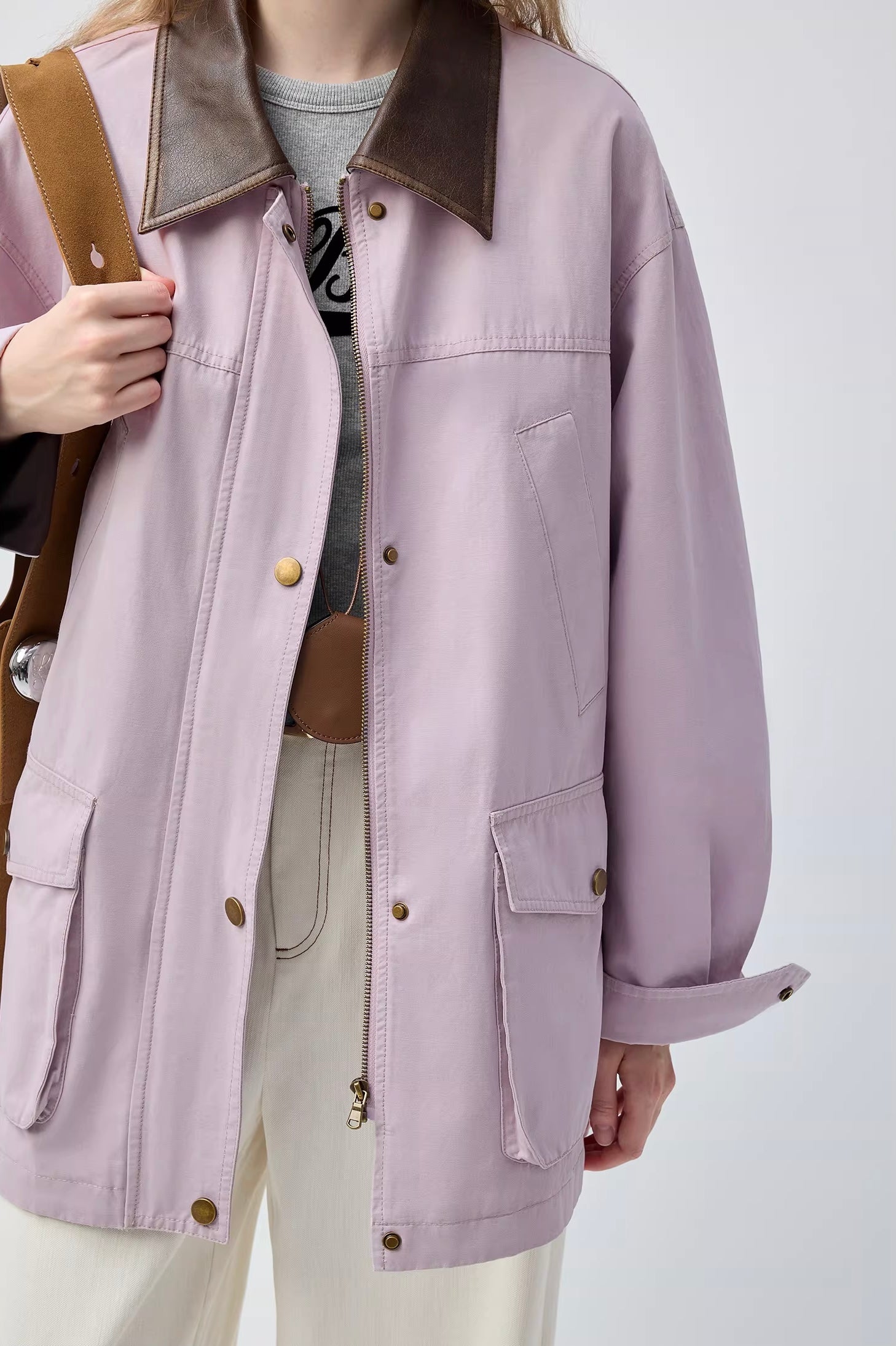ラベンダーパープルレザーコンビジャケットC3468