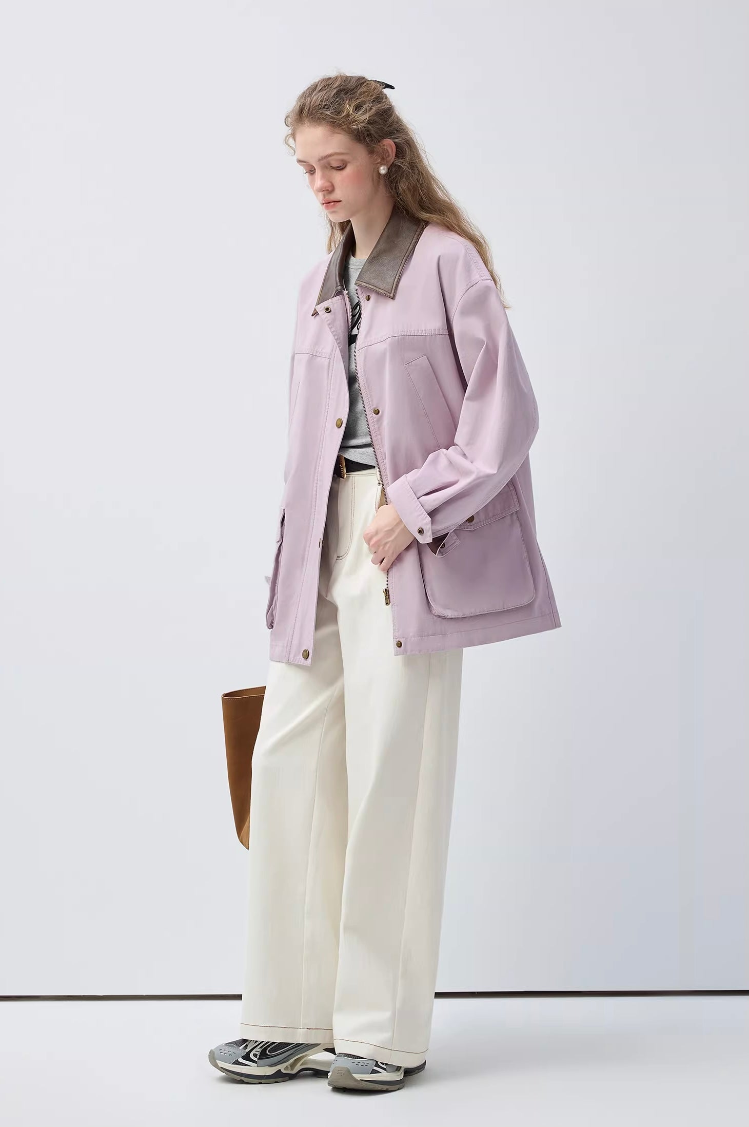 ラベンダーパープルレザーコンビジャケットC3468