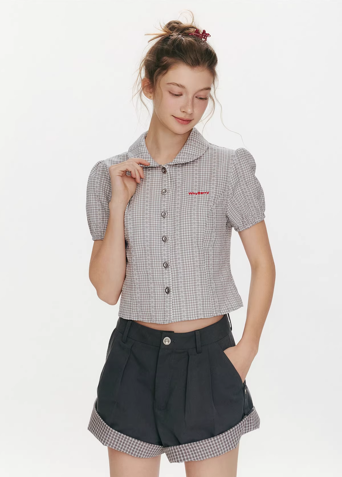 【即納】チェック セーラーカラー半袖ブラウスC3485