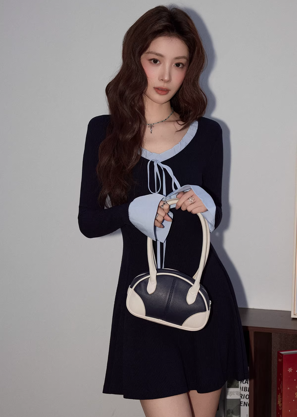 【即納】フレンチVネックニットドレスC3490