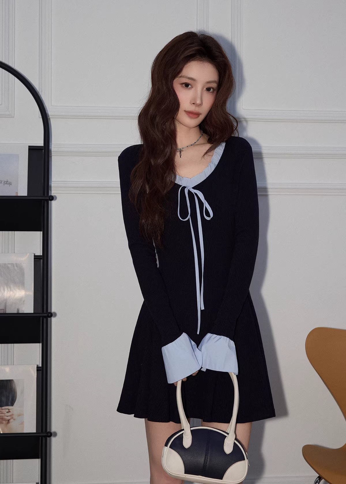 【即納】フレンチVネックニットドレスC3490