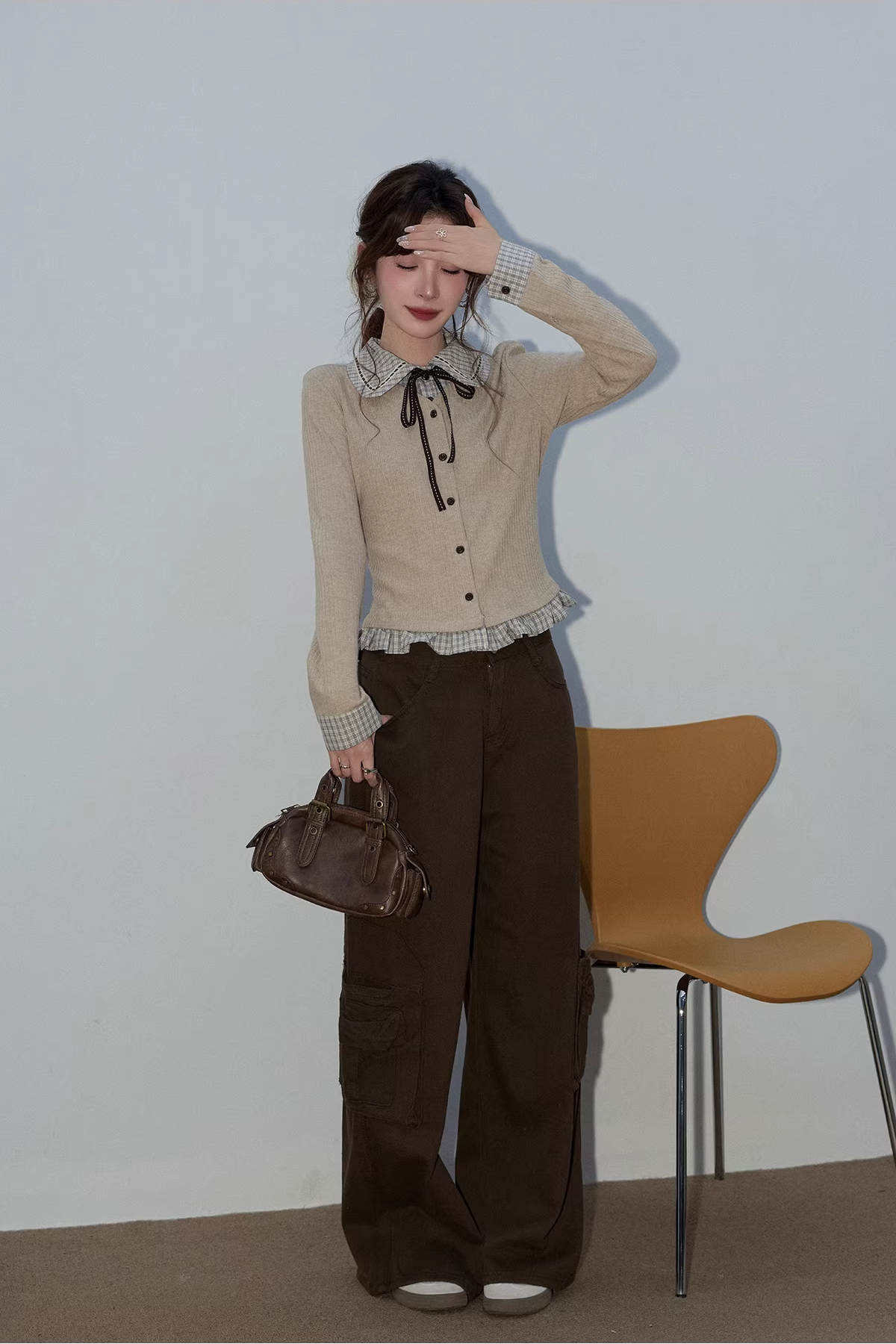 フェイク2ピースチェック柄ワークセーターC3495