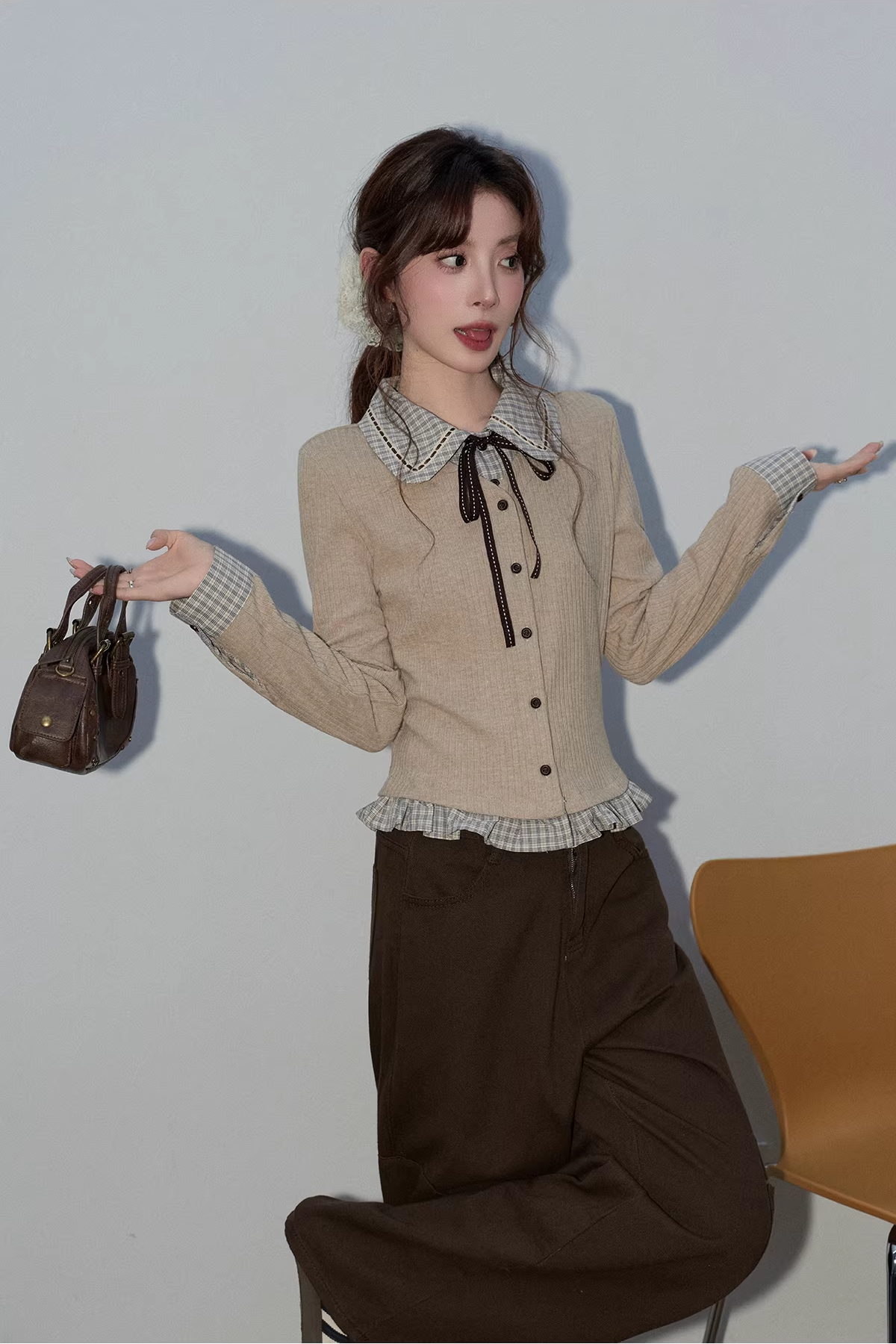 フェイク2ピースチェック柄ワークセーターC3495