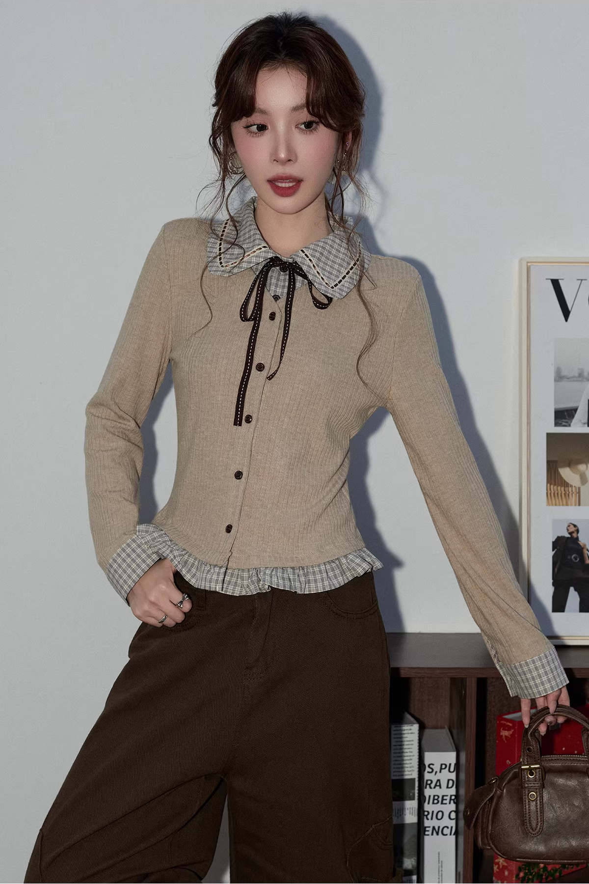 フェイク2ピースチェック柄ワークセーターC3495