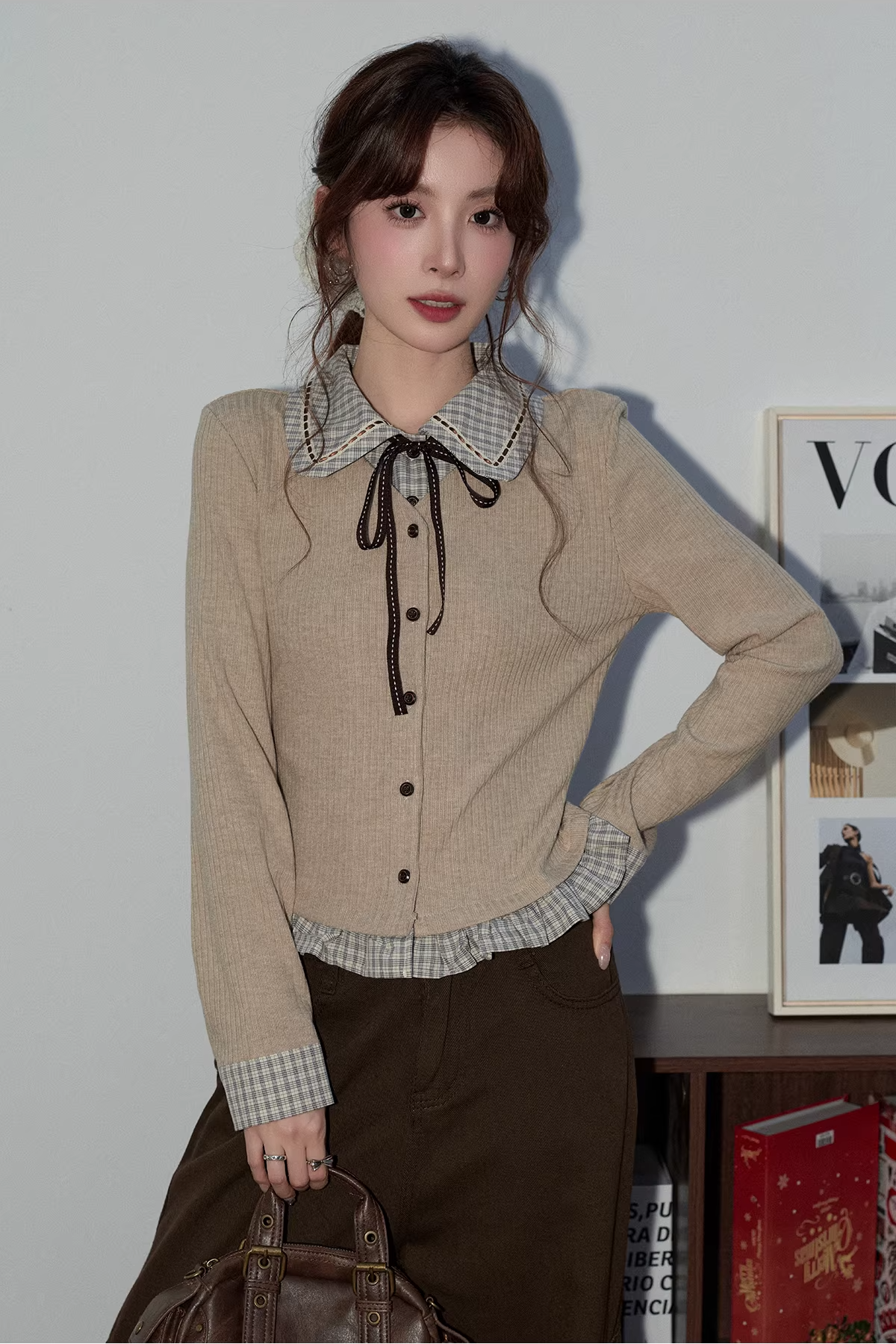 フェイク2ピースチェック柄ワークセーターC3495