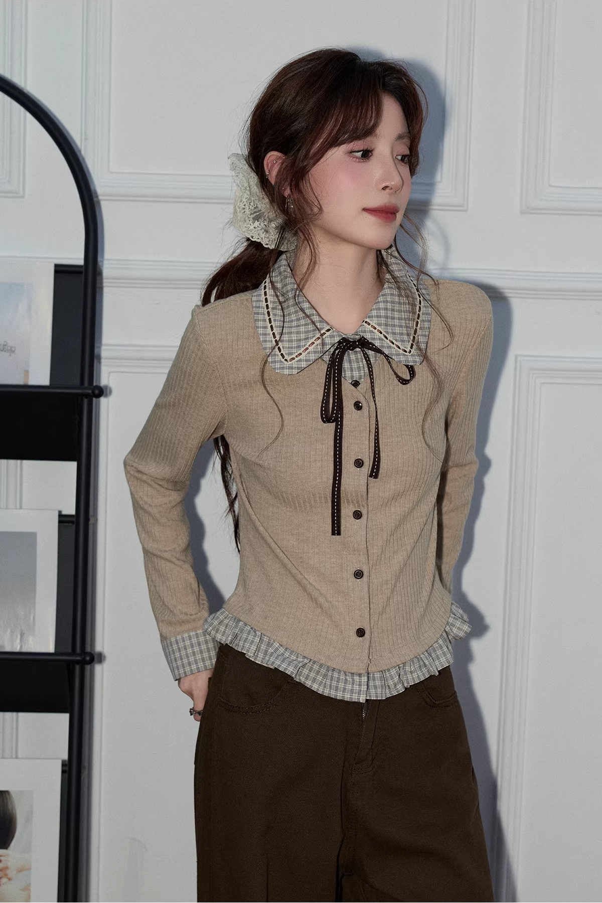 フェイク2ピースチェック柄ワークセーターC3495