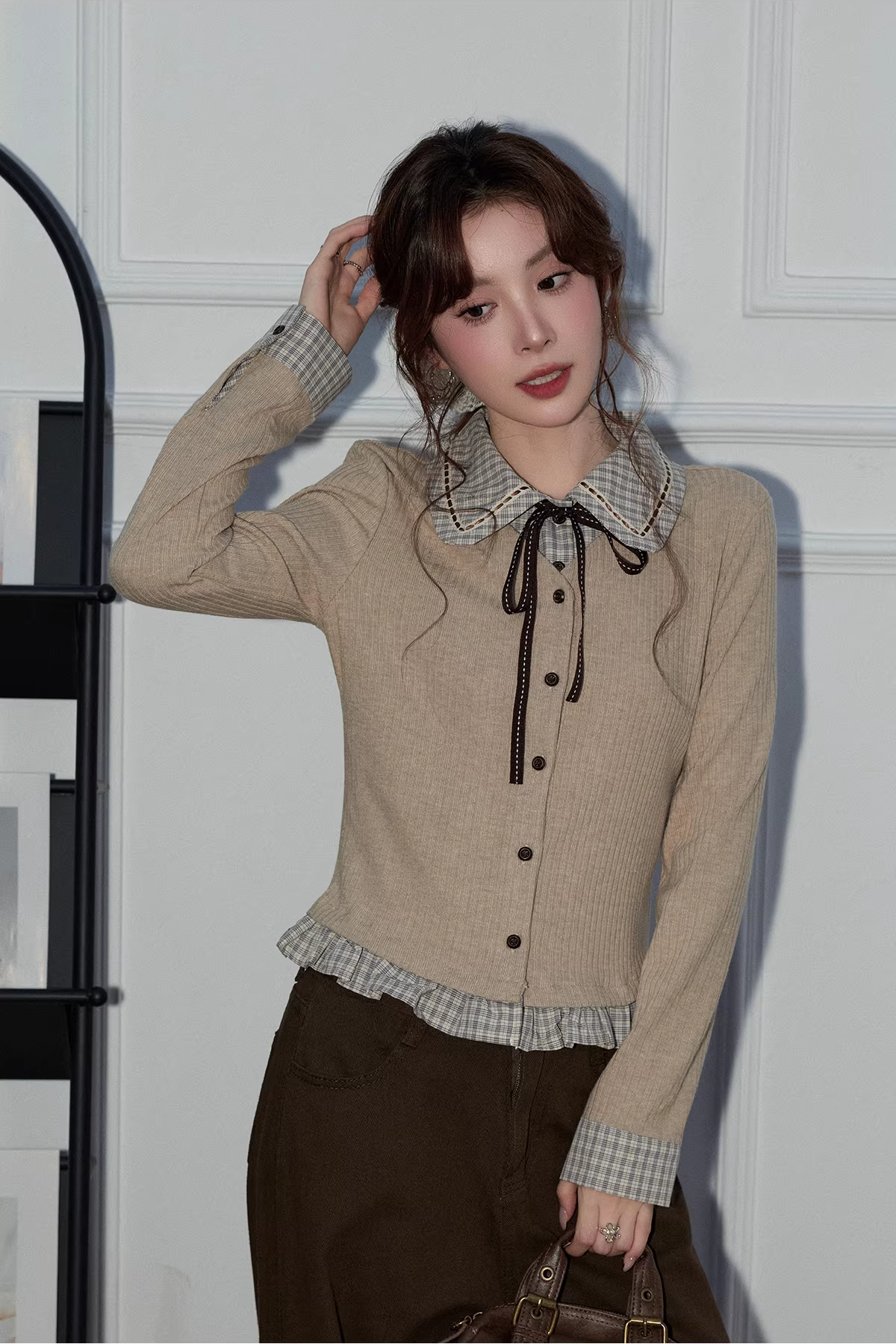 フェイク2ピースチェック柄ワークセーターC3495