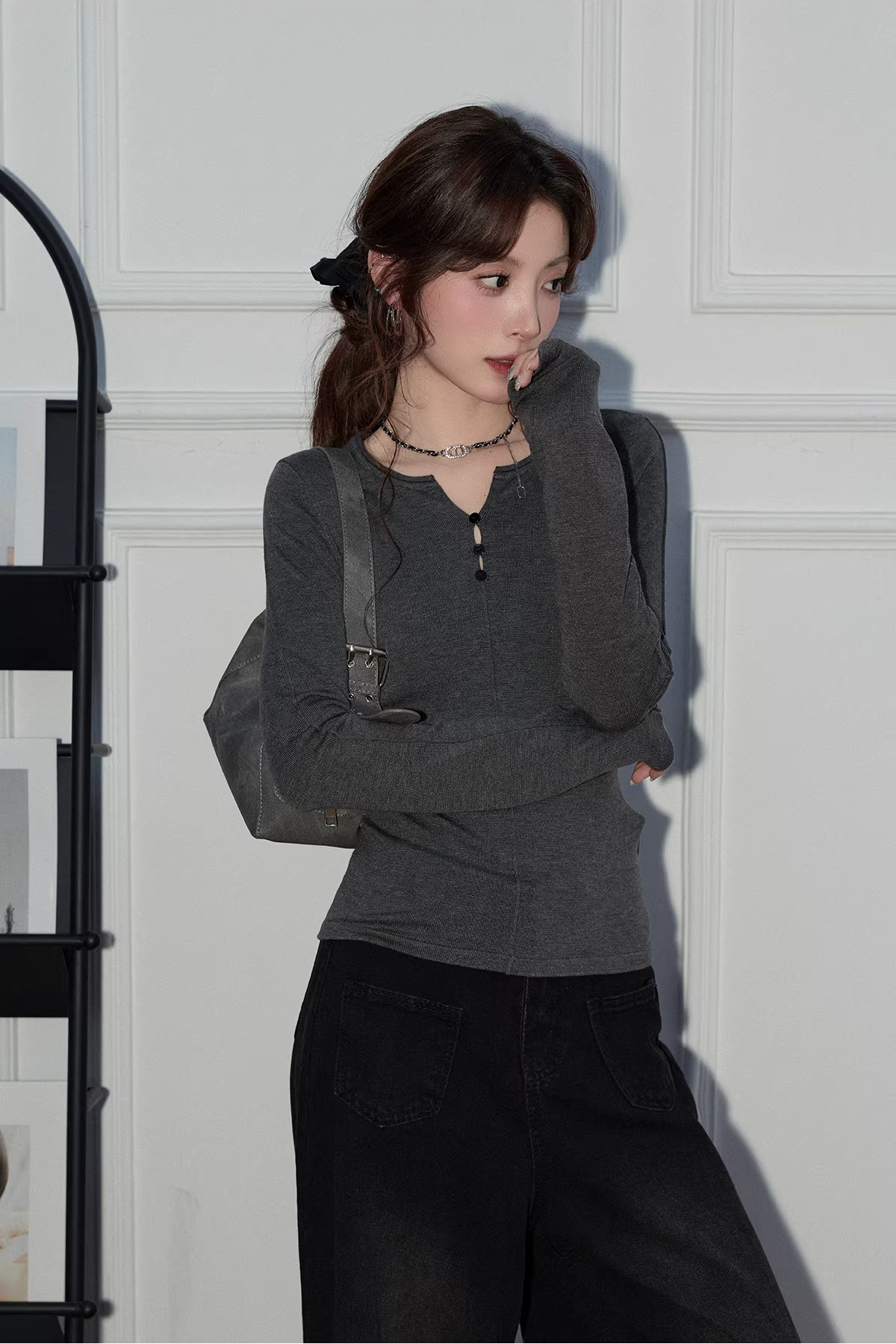 ラウンドネックスリムトップスC3498