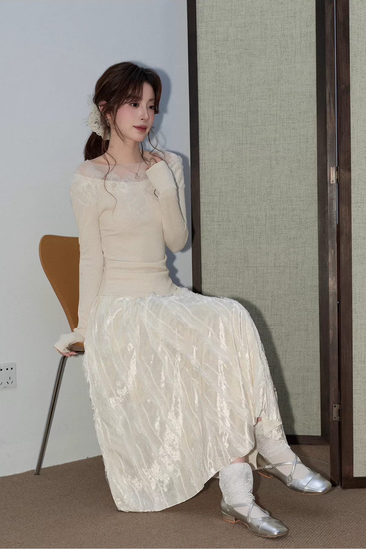 フレンチレトロプリーツベルベットスカートC3499