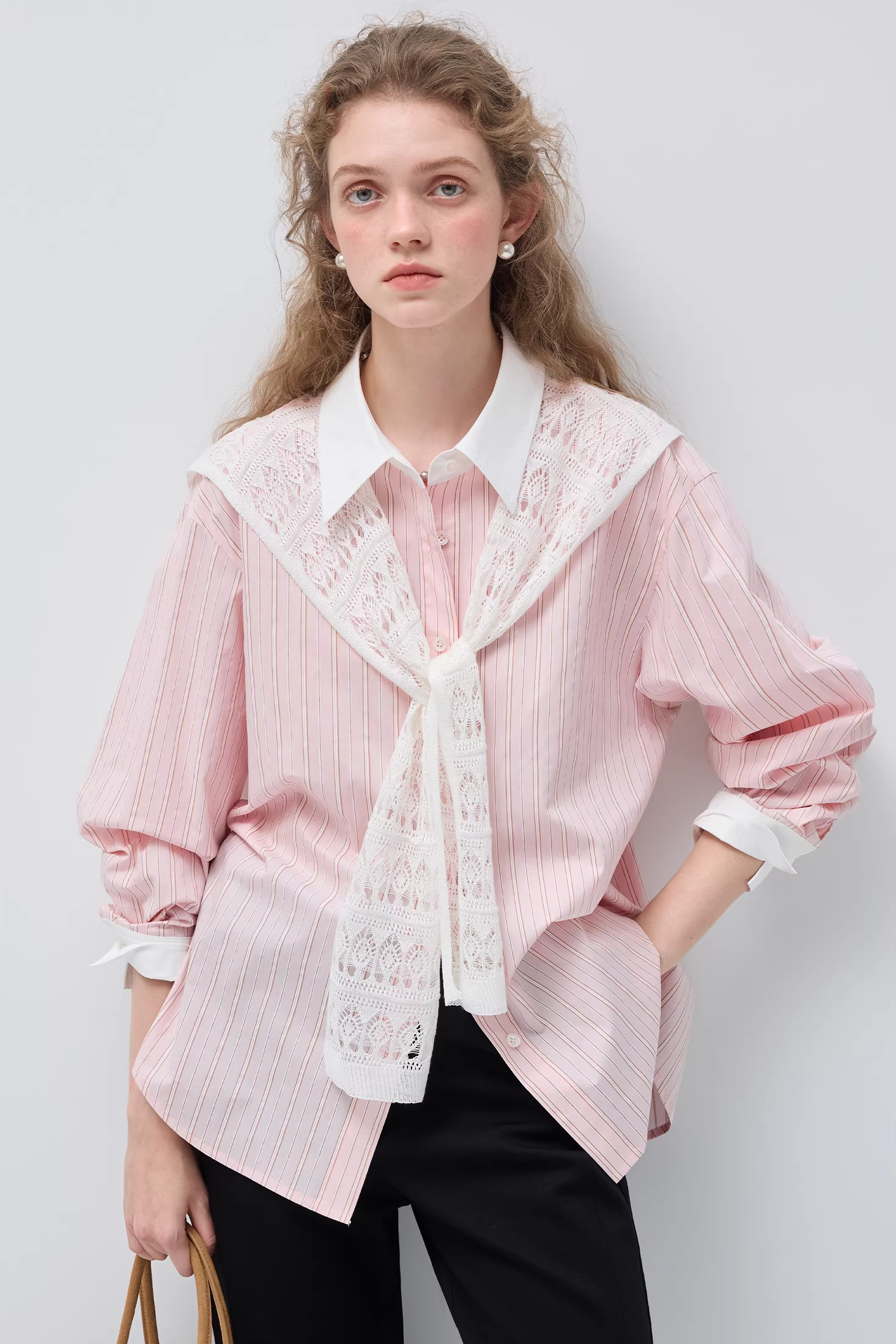 リヨセルピンクストライプレースショールシャツC3505