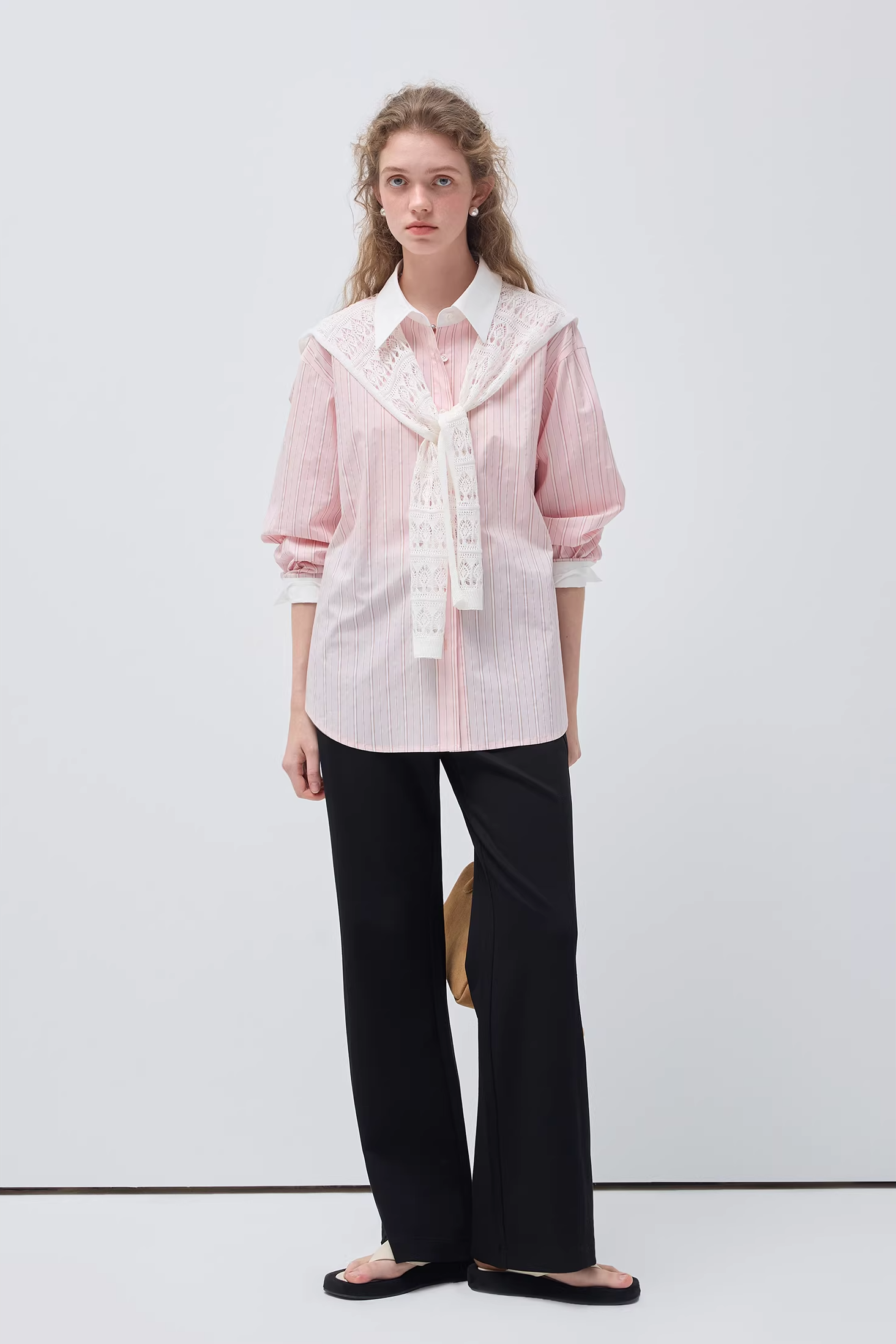 リヨセルピンクストライプレースショールシャツC3505