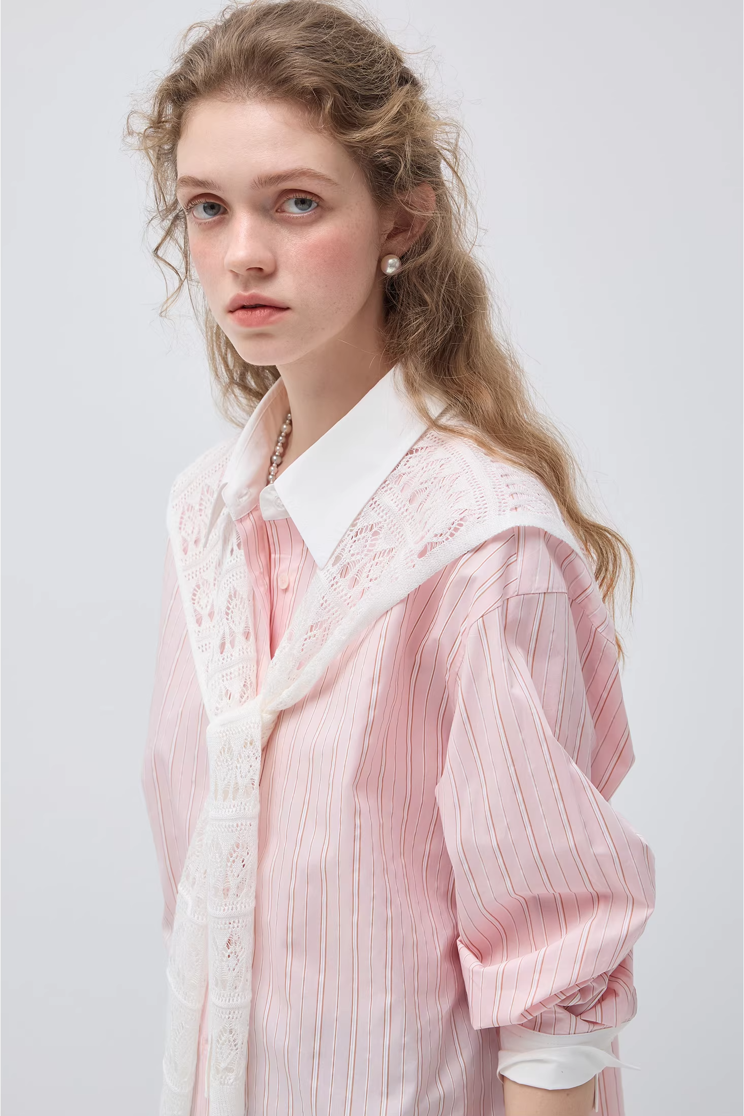 リヨセルピンクストライプレースショールシャツC3505