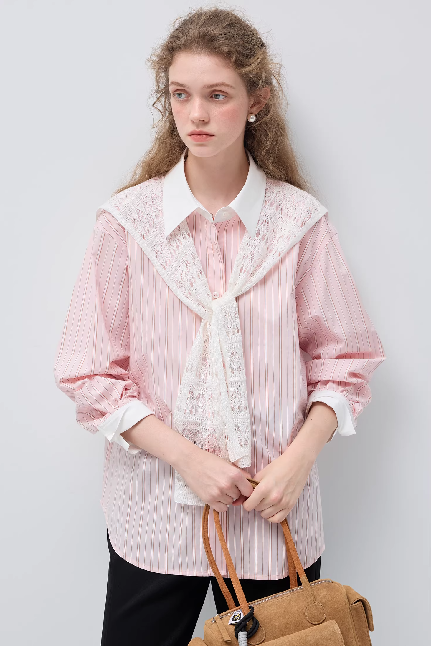 リヨセルピンクストライプレースショールシャツC3505