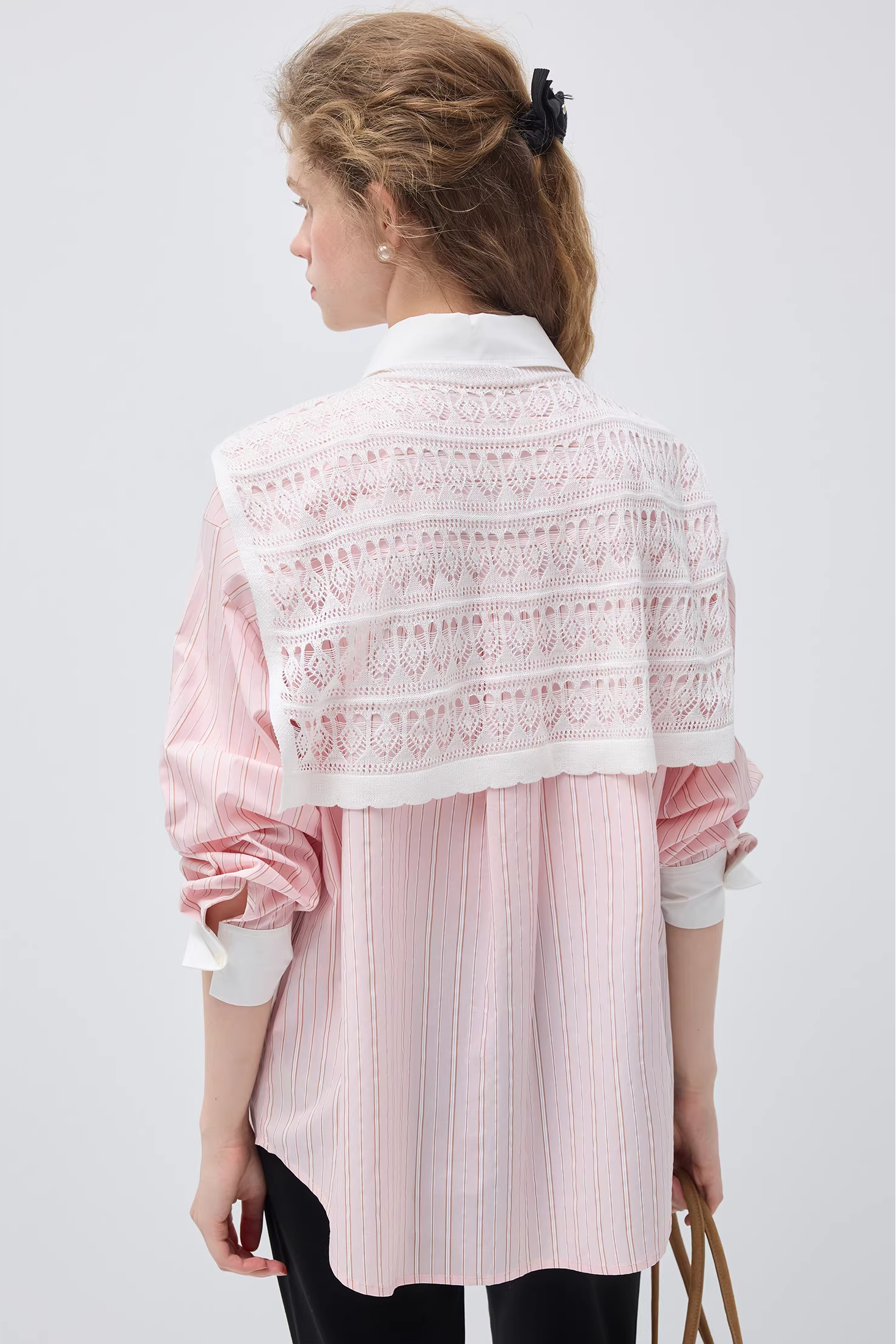 リヨセルピンクストライプレースショールシャツC3505