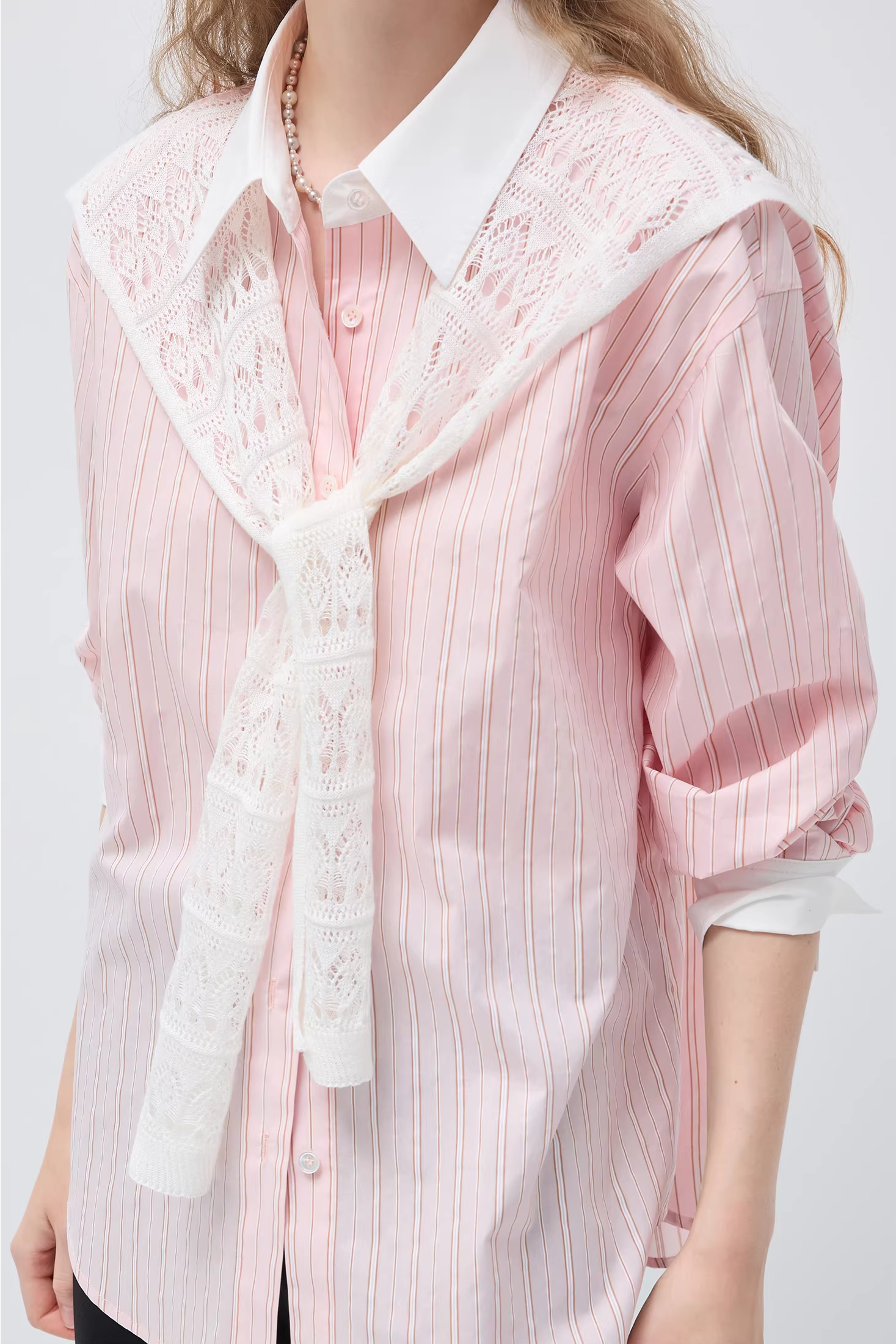 リヨセルピンクストライプレースショールシャツC3505
