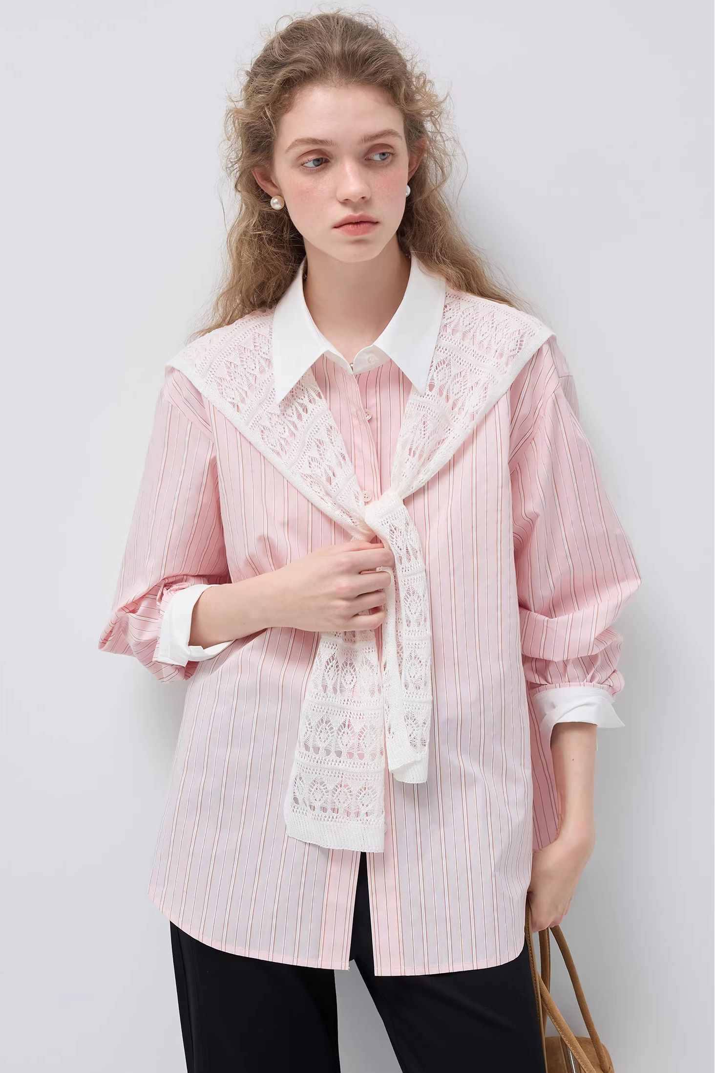 リヨセルピンクストライプレースショールシャツC3505