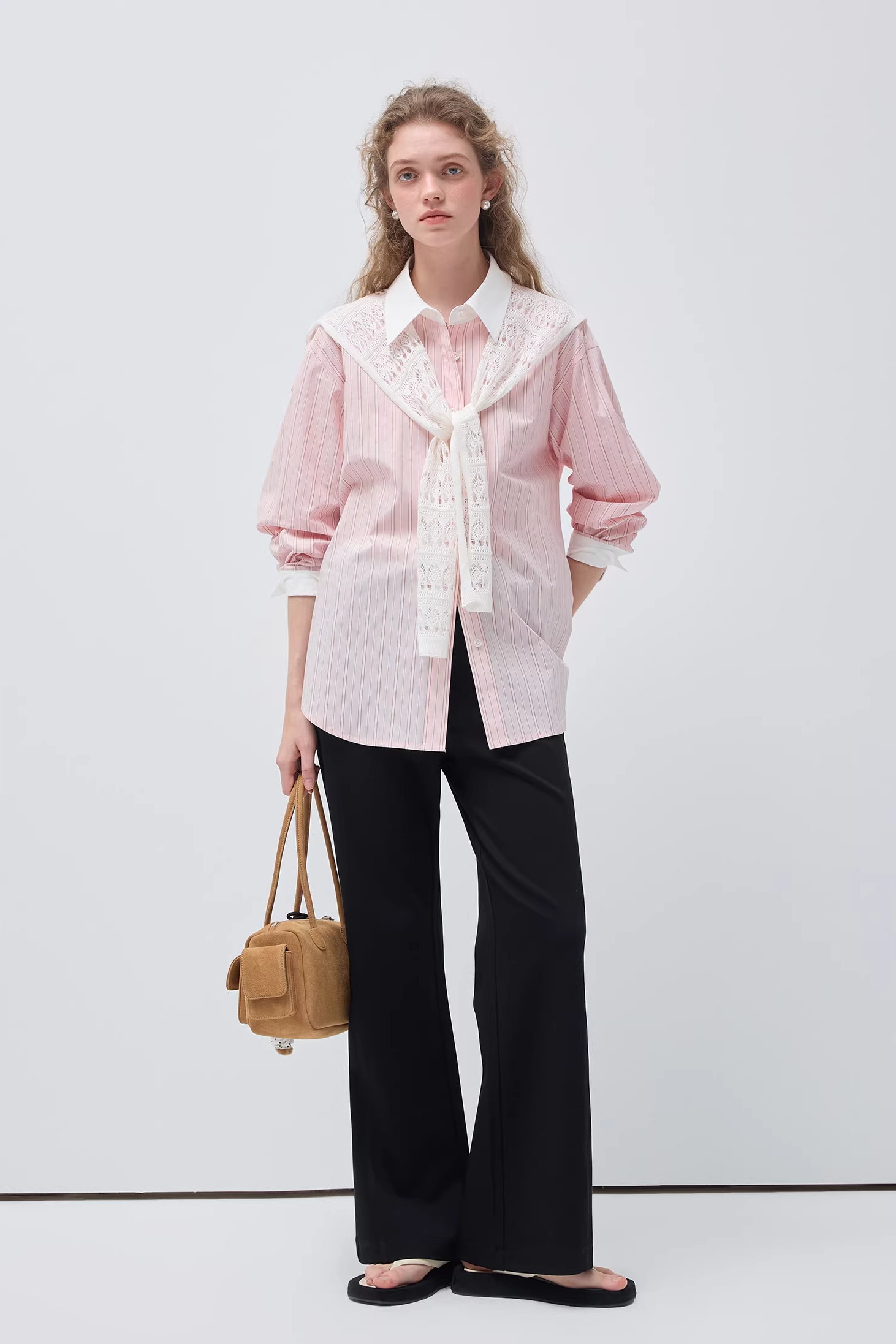 リヨセルピンクストライプレースショールシャツC3505