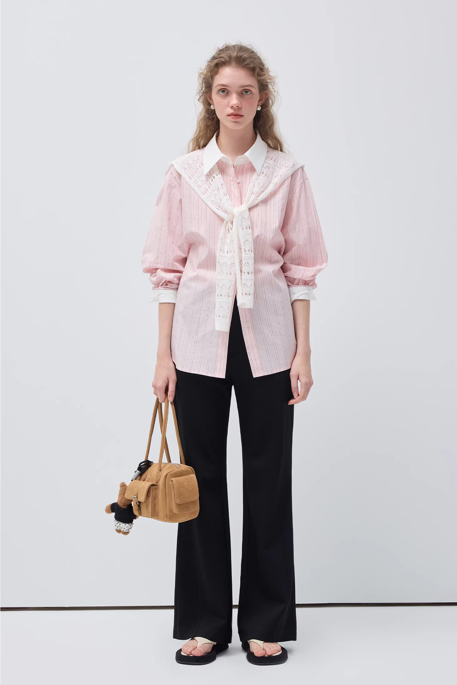 リヨセルピンクストライプレースショールシャツC3505